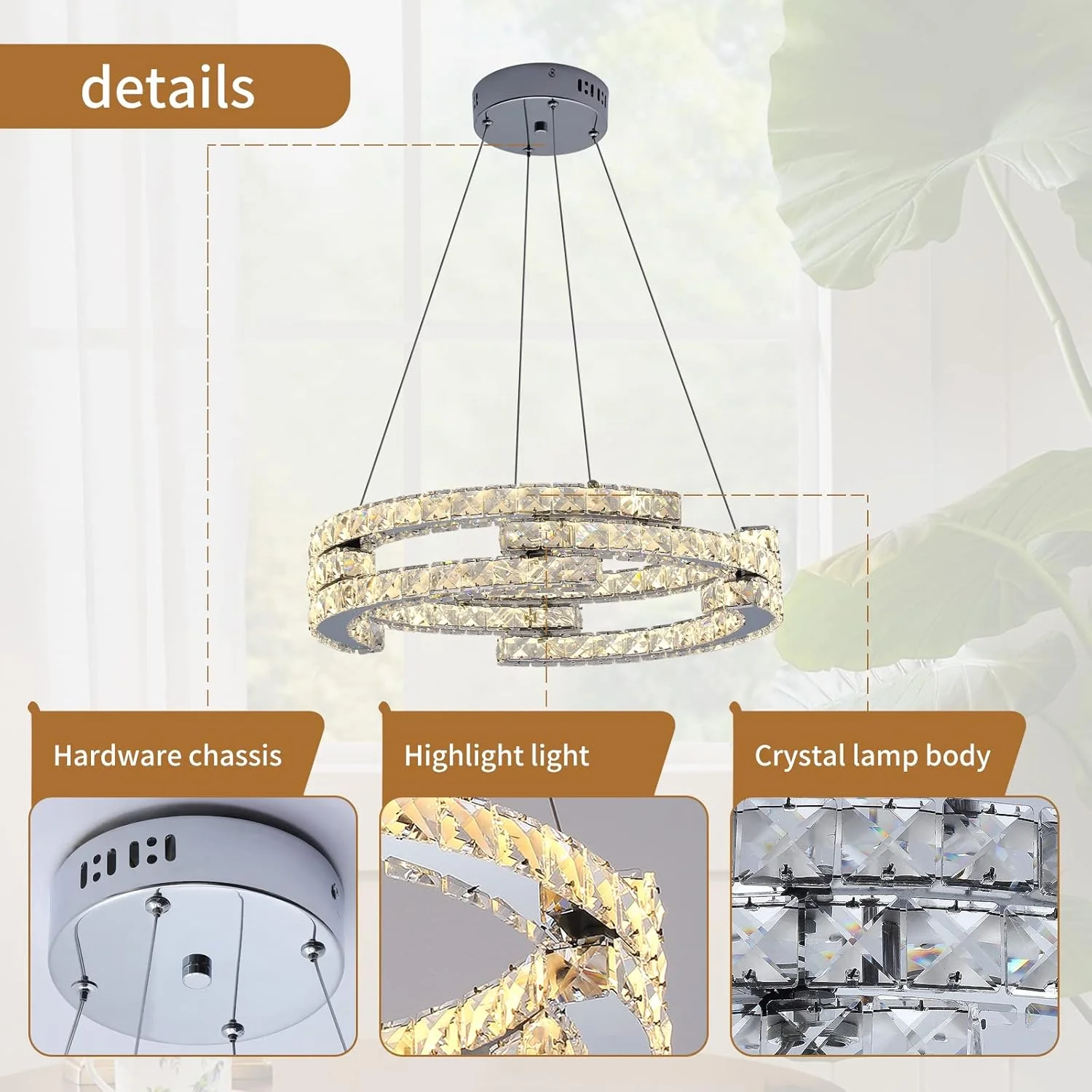 لوستر کریستالی مدرن و دیمر پذیر Oninio، چراغ آویز LED سه حلقه ای با قابلیت تنظیم ارتفاع، مناسب برای اتاق نشیمن، ناهارخوری، آشپزخانه، اتاق خواب، ایوان به همراه ریموت کنترل (نور متغیر/قطر 50 سانتی متر) 48 وات لوستر کریستالی مدرن و دیمر پذیر Oninio، چراغ آویز LED سه حلقه ای با قابلیت تنظیم ارتفاع، مناسب برای اتاق نشیمن، ناهارخوری، آشپزخانه، اتاق خواب، ایوان به همراه ریموت کنترل (نور متغیر/قطر 50 سانتی متر) 48 وات