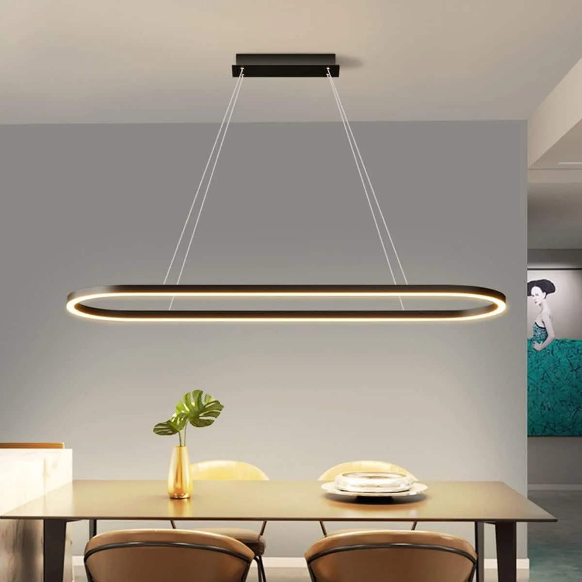 چراغ آویز LED اداری، طراحی مدرن بیضی شکل، چراغ آویز میز ناهار خوری، دیمر پذیر با کنترل از راه دور، چراغ سقفی با قابلیت تنظیم ارتفاع، چراغ آویز دکوراتیو