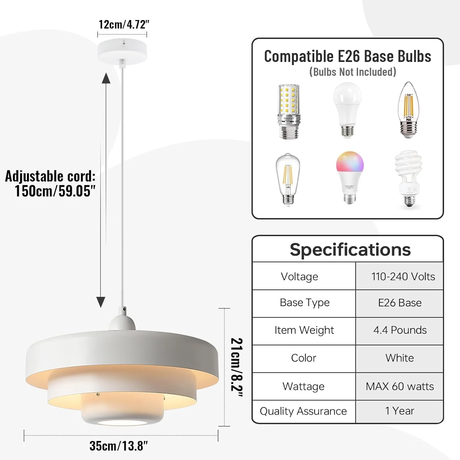 چراغ آویز مدرن و صنعتی سفید Qepeety، لوستر فلزی با قطر 35 سانتی متر، مناسب برای آشپزخانه، جزیره، اتاق نشیمن، راهرو و اتاق غذاخوری، با قابلیت تنظیم ارتفاع
