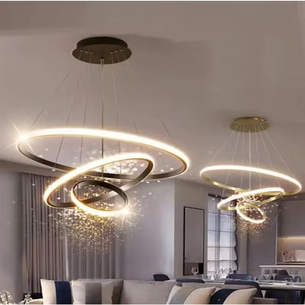 ست 2 عددی چراغ آویز حلقه ای LED مدرن رافین | لوسترهای آویز سقفی دایره ای برای دکوراسیون اتاق نشیمن، ناهارخوری و دفتر کار | دو سایز 60x120 سانتی متر و 60x150 سانتی متر