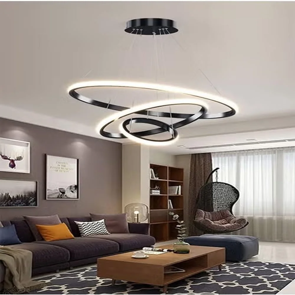 ست 2 عددی چراغ آویز حلقه ای LED مدرن رافین | لوسترهای آویز سقفی دایره ای برای دکوراسیون اتاق نشیمن، ناهارخوری و دفتر کار | دو سایز 60x120 سانتی متر و 60x150 سانتی متر