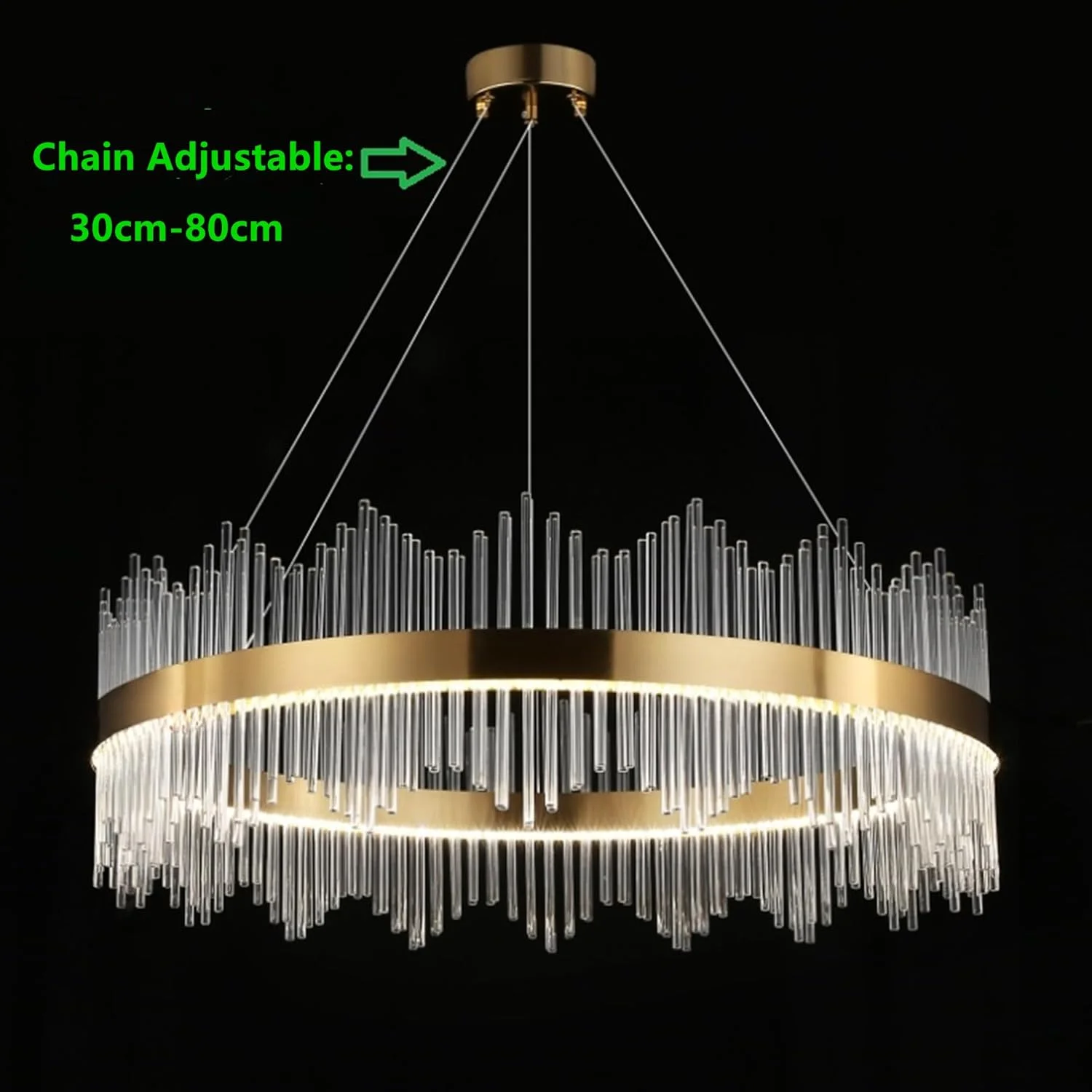 لوستر کریستالی LED سیگما، آویز طلایی لوکس مدرن 3 رنگ، 60 وات، چراغ سقفی آویز با طول قابل تنظیم برای اتاق نشیمن و اتاق خواب
