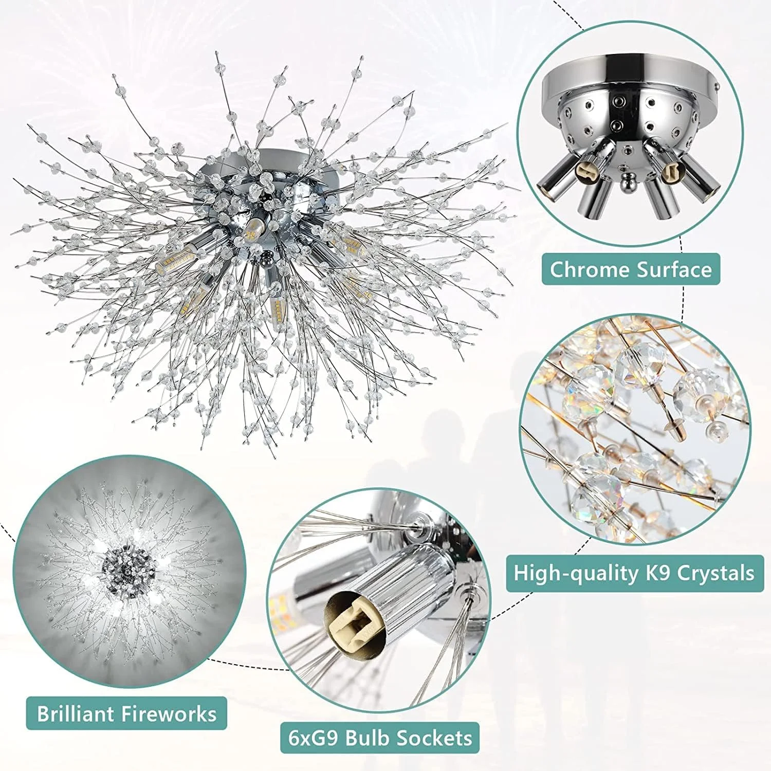 چراغ سقفی کریستالی مدرن Rayofly برای اتاق نشیمن، لوسترهای کرومی آتش بازی K9، 6 LED G9، چراغ های آویز سقفی لوستر برای اتاق خواب، اتاق غذاخوری، راهرو