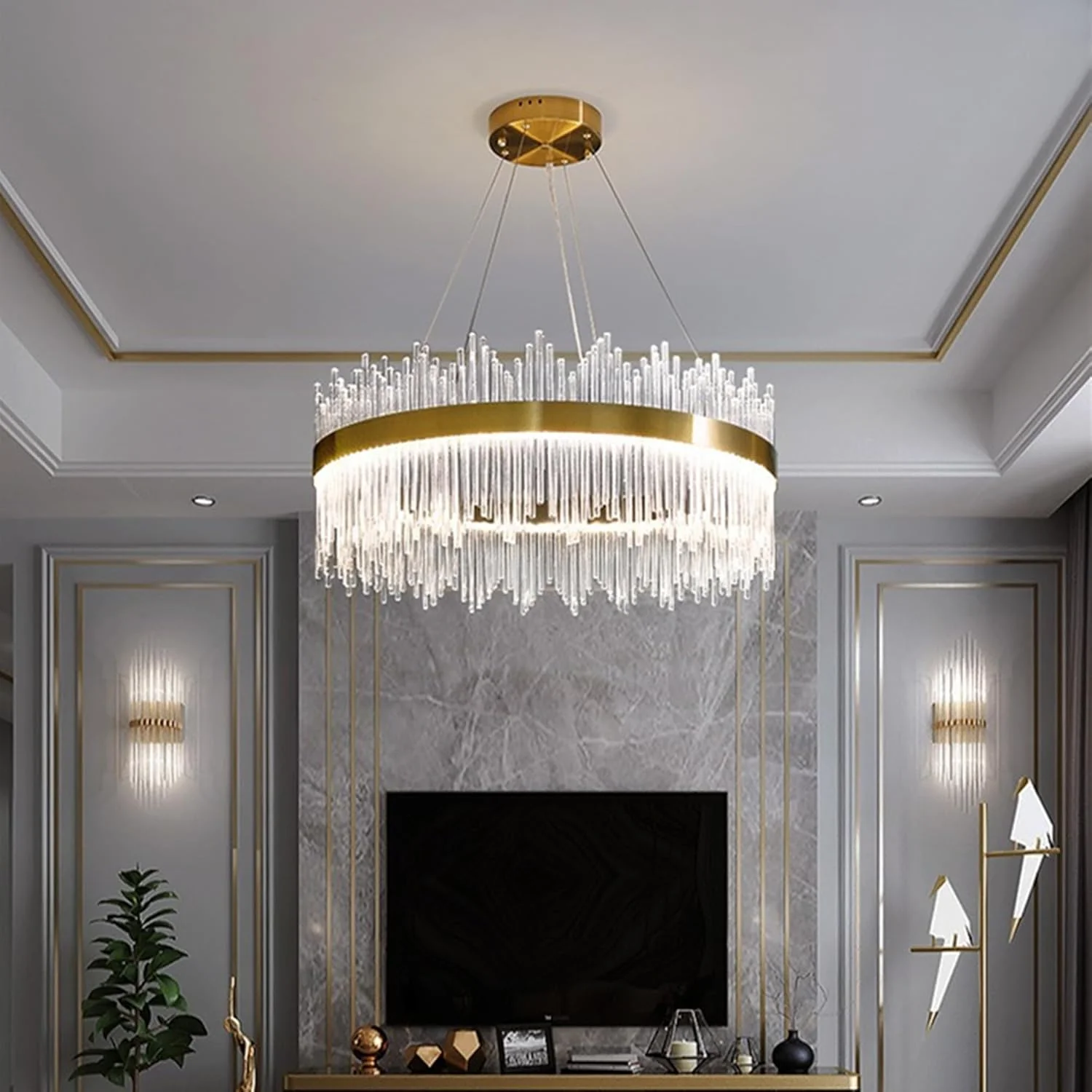 لوستر کریستالی LED سیگما، آویز طلایی لوکس مدرن 3 رنگ، 60 وات، چراغ سقفی آویز با طول قابل تنظیم برای اتاق نشیمن و اتاق خواب