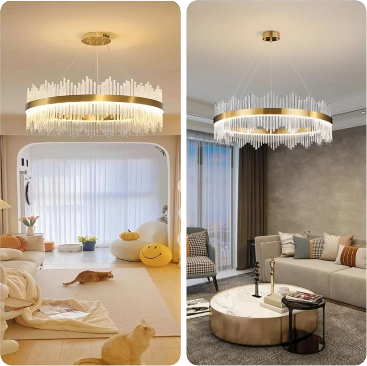 لوستر کریستالی LED سیگما، آویز طلایی لوکس مدرن 3 رنگ، 60 وات، چراغ سقفی آویز با طول قابل تنظیم برای اتاق نشیمن و اتاق خواب