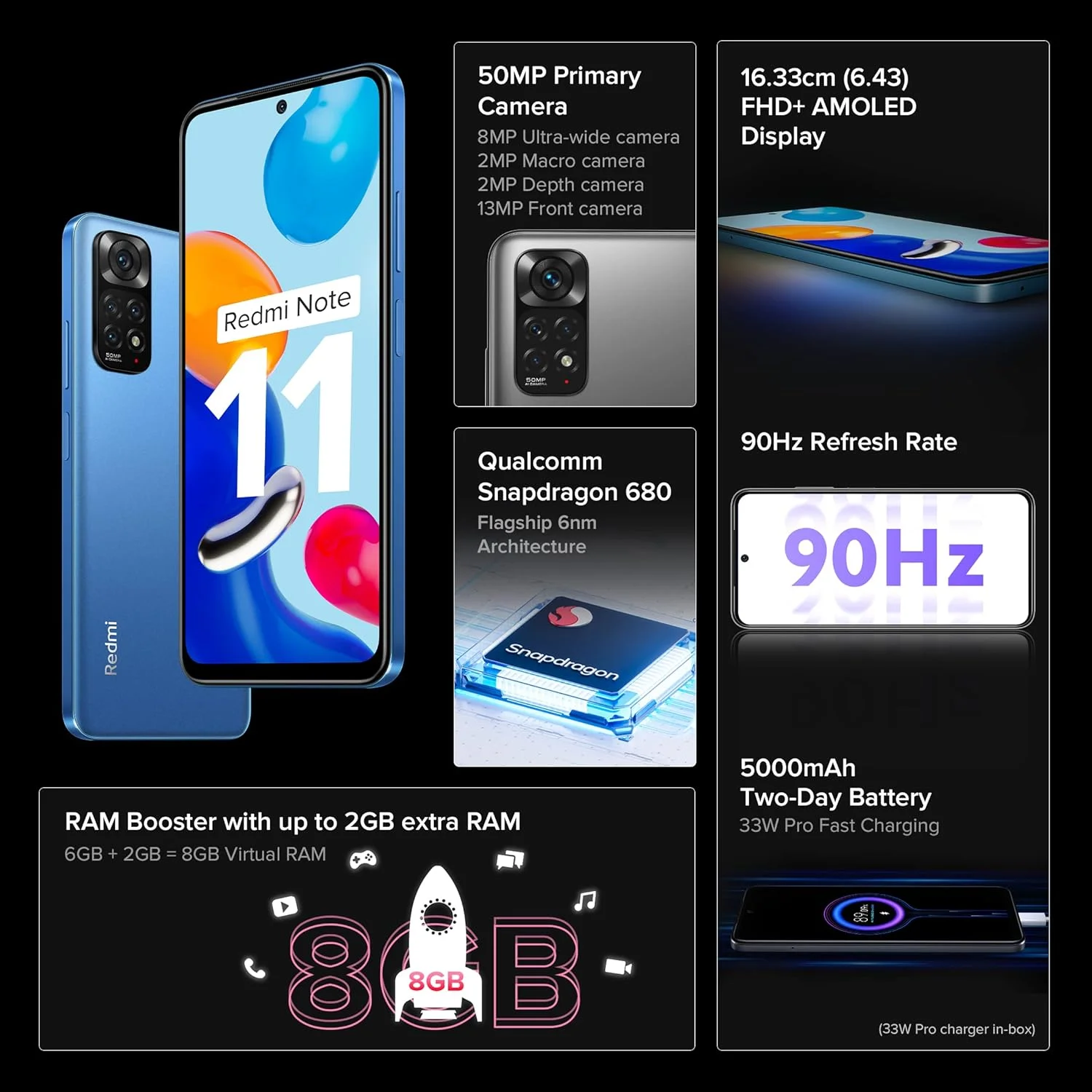 گوشی موبایل شیائومی Redmi Note 11 دو سیم کارت (آبی هورایزن، 6 گیگابایت رم، 128 گیگابایت حافظه داخلی) (بازسازی شده)