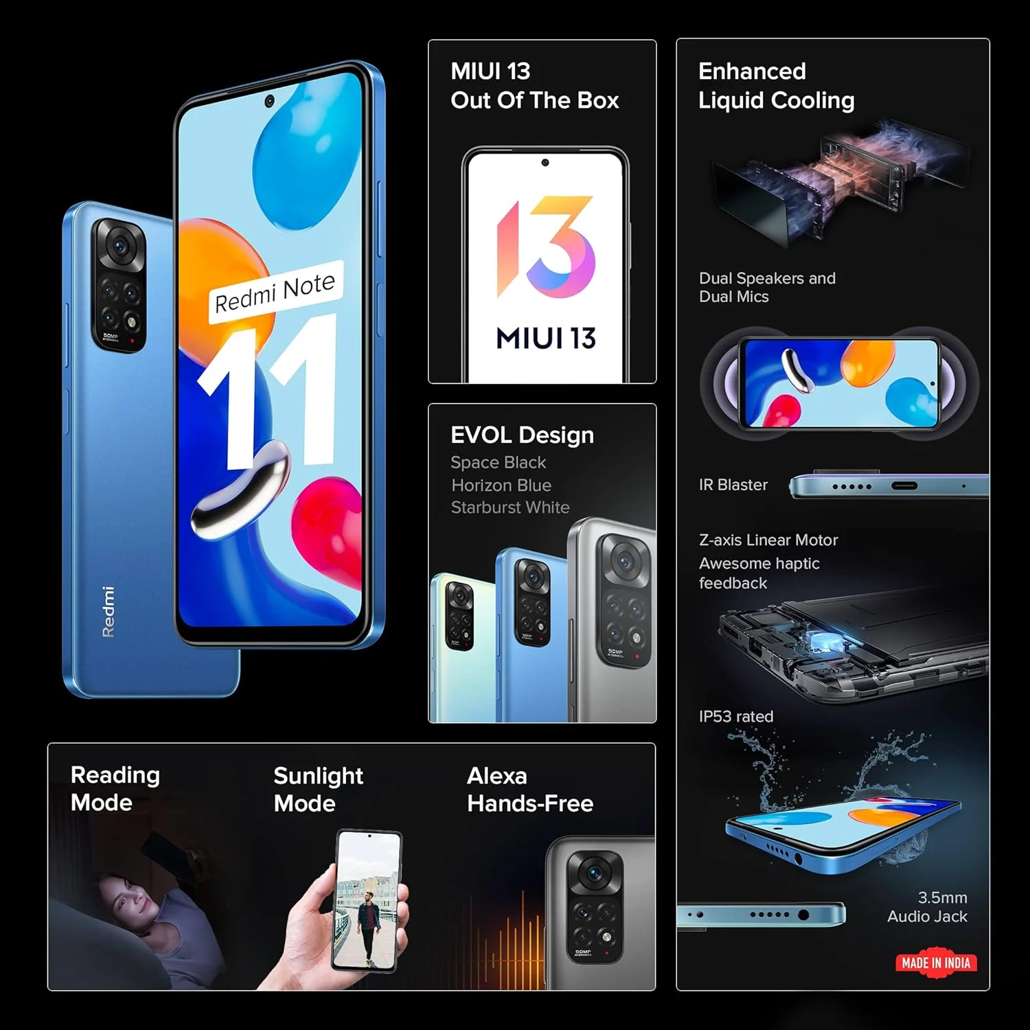 گوشی موبایل شیائومی Redmi Note 11 دو سیم کارت (آبی هورایزن، 6 گیگابایت رم، 128 گیگابایت حافظه داخلی) (بازسازی شده)