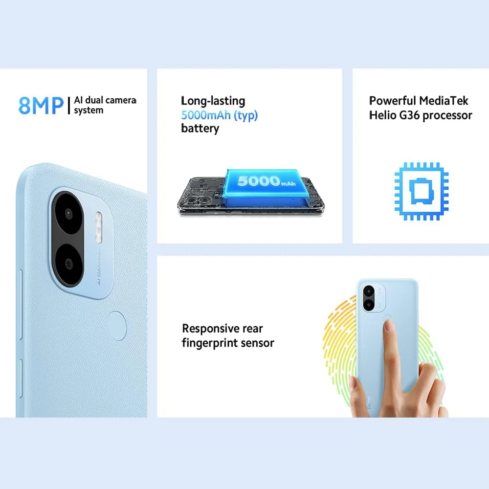 شیائومی Redmi A2+ (سبز روشن، 3 گیگابایت رم، 64 گیگابایت حافظه) - دوربین دوگانه 8 مگاپیکسلی AI | حسگر اثر انگشت در پشت | باتری 5000 میلی آمپر ساعتی (typ) | پردازنده هشت هسته ای