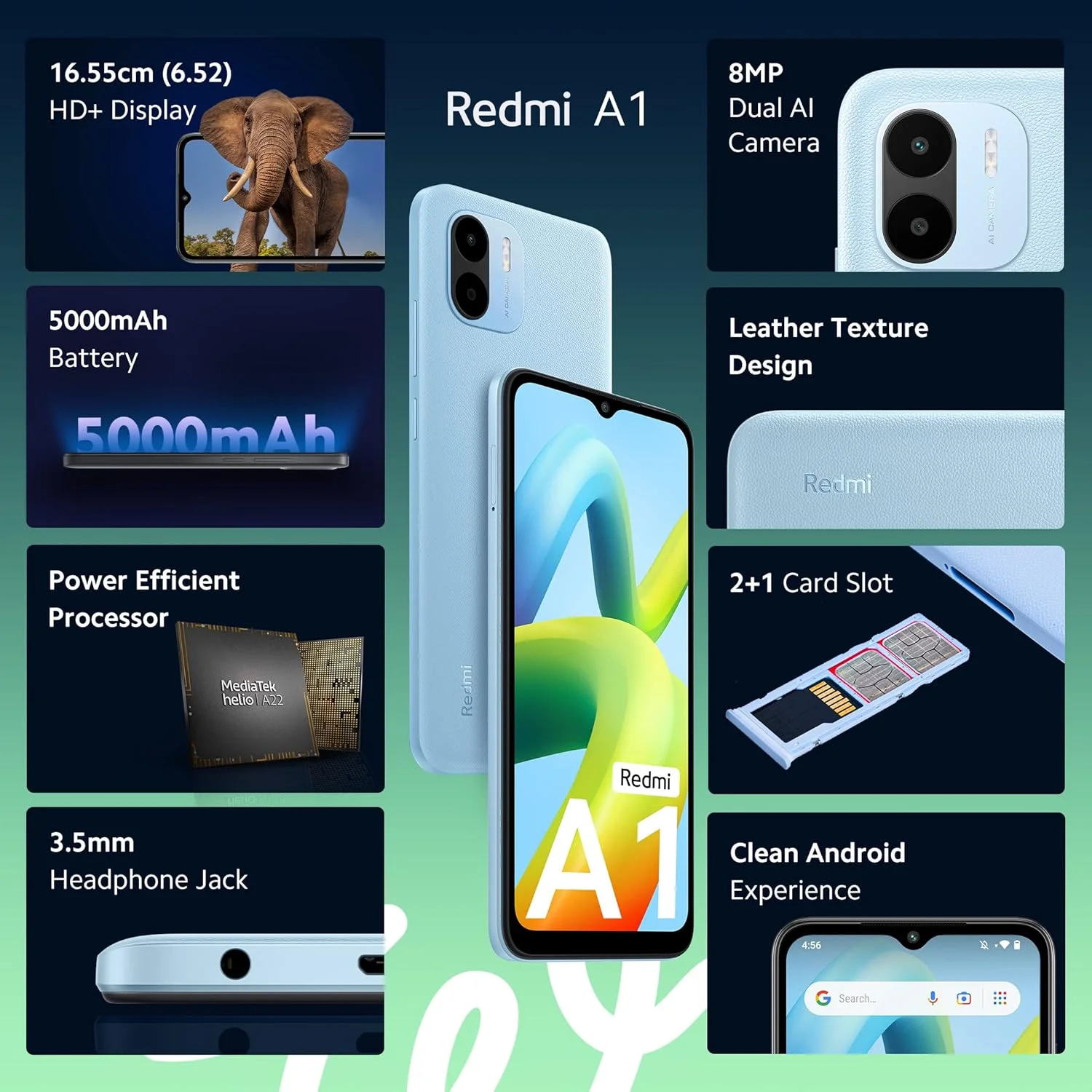Redmi A1 (آبی روشن، 2 گیگابایت رم، 32 گیگابایت حافظه) | Helio A22 | باتری 5000 میلی آمپر ساعت | دوربین دوگانه 8 مگاپیکسلی AI | طراحی بافت چرمی | اندروید 12