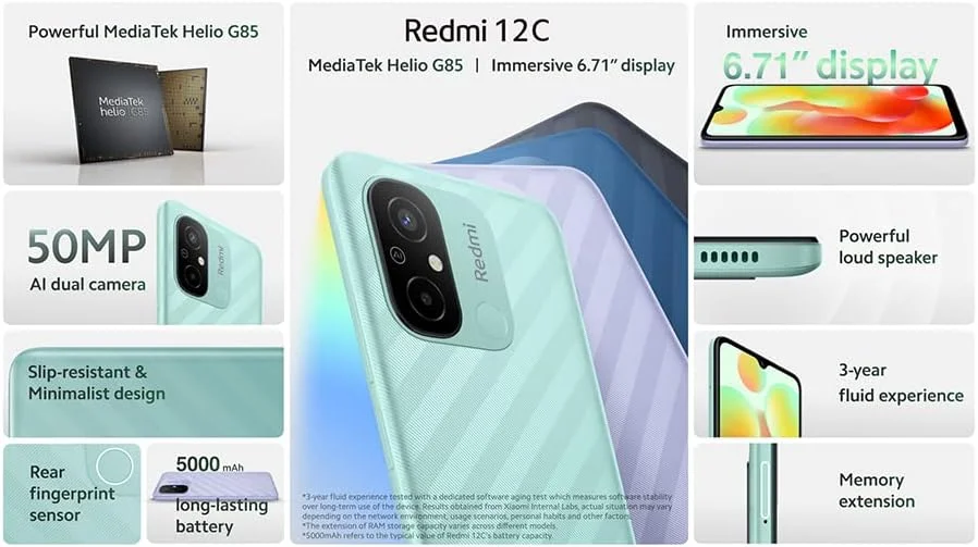 گوشی موبایل Redmi 12C (خاکستری گرافیتی، 6 گیگابایت رم، 128 گیگابایت حافظه داخلی) - مجهز به پردازنده قدرتمند MediaTek Helio G85 | نمایشگر فراگیر 6.71 اینچی HD+ | دوربین دوگانه 50 مگاپیکسلی با هوش مصنوعی | باتری بادوام 5000 میلی آمپر ساعت گوشی موبایل Redmi 12C (خاکستری گرافیتی، 6 گیگابایت رم، 128 گیگابایت حافظه داخلی) - مجهز به پردازنده قدرتمند MediaTek Helio G85 | نمایشگر فراگیر 6.71 اینچی HD+ | دوربین دوگانه 50 مگاپیکسلی با هوش مصنوعی | باتری بادوام 5000 میلی آمپر ساعت