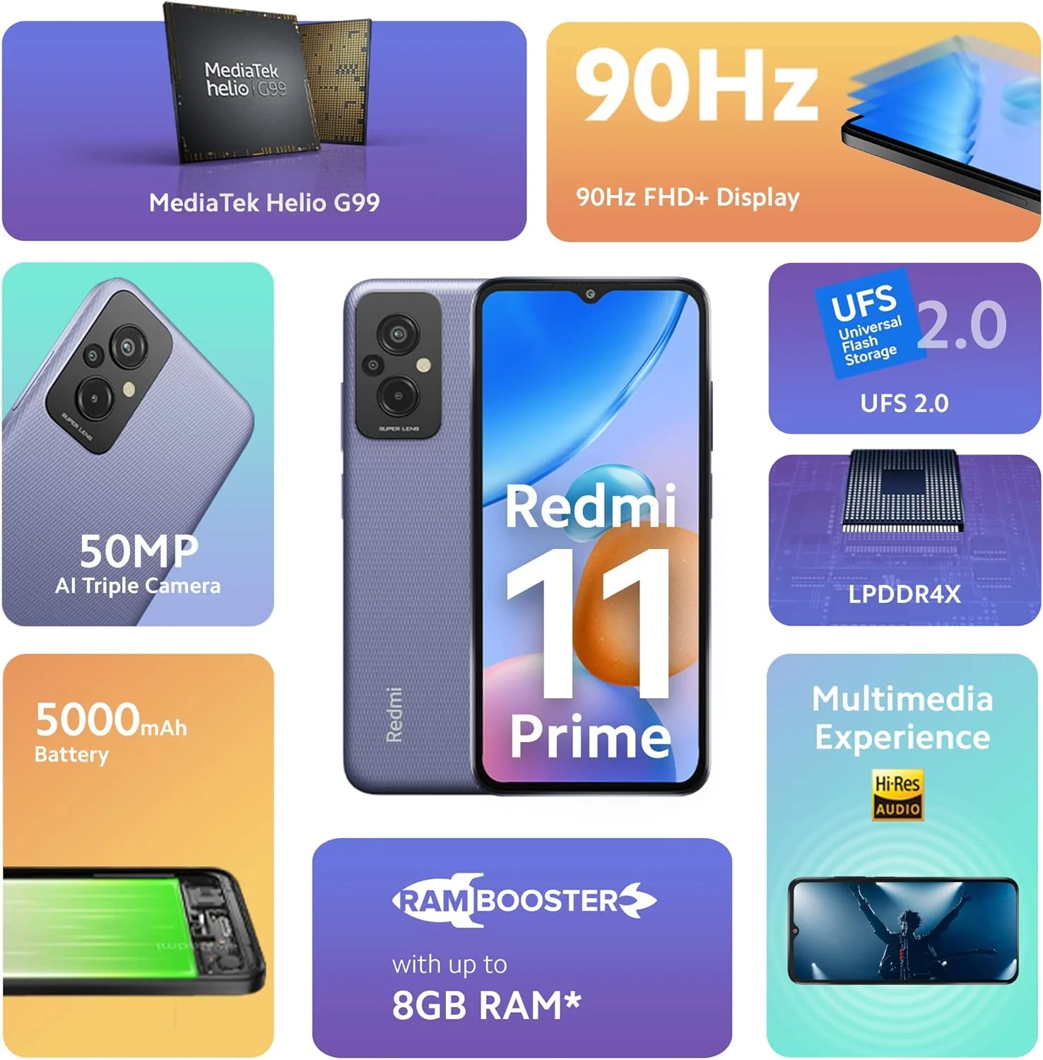 Redmi 11 Prime (بنفش شاداب، 6 گیگابایت رم، 128 گیگابایت حافظه) | طراحی عالی | Helio G99 با عملکرد بالا | دوربین سه گانه 50 مگاپیکسلی AI | 5000 میلی آمپر ساعت | 22.5 وات