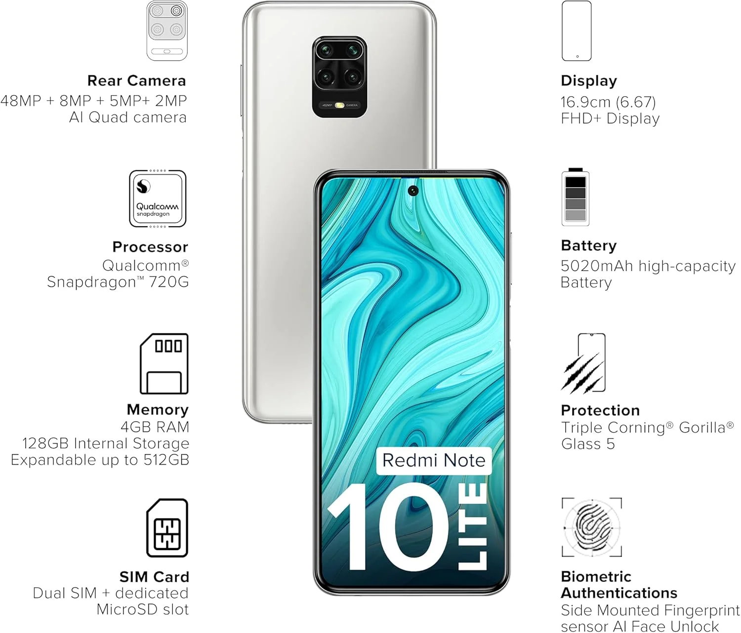 گوشی موبایل شیائومی Redmi Note 10 Lite سفید یخی با 4 گیگابایت رم و 128 گیگابایت حافظه داخلی | دارای الکسا