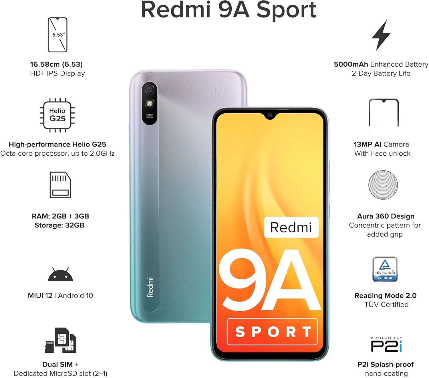 گوشی موبایل شیائومی Redmi 9A Sport (آبی متالیک، 2 گیگابایت رم، 32 گیگابایت حافظه داخلی) | پردازنده 8 هسته ای Helio G25 با فرکانس 2 گیگاهرتز | باتری 5000 میلی آمپر ساعت