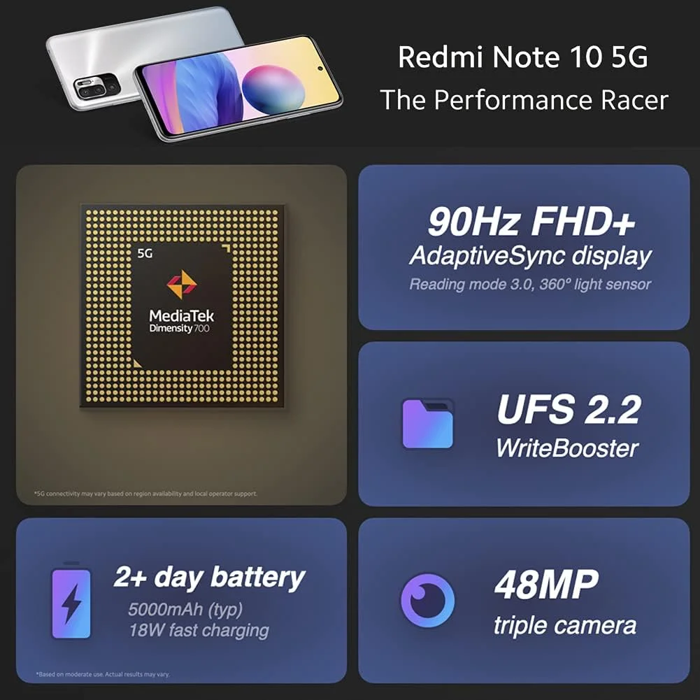 گوشی موبایل شیائومی Redmi Note 10 5G - حافظه 64 گیگابایت + رم 4 گیگابایت، نمایشگر 6.5 اینچی 90 هرتز DotDisplay، پردازنده MediaTek Dimensity 700 5G، دوربین سه گانه 48MP+2MP+2MP، باتری 5000mAh، خاکستری گرافیتی (نسخه انگلستان + 2 سال گارانتی)