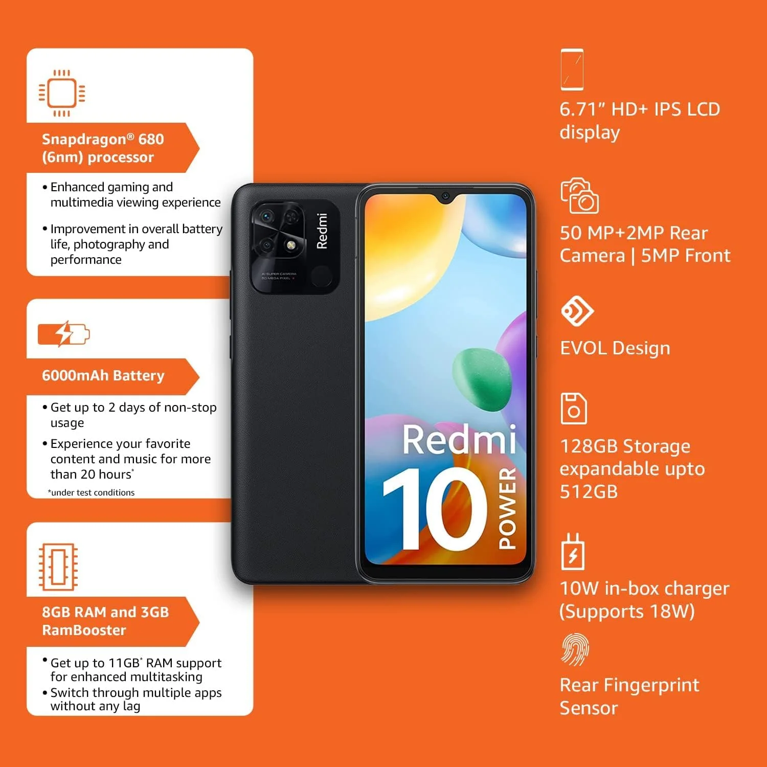 گوشی موبایل Redmi 10 Power (مشکی پاور، 8 گیگابایت رم، 128 گیگابایت حافظه داخلی)