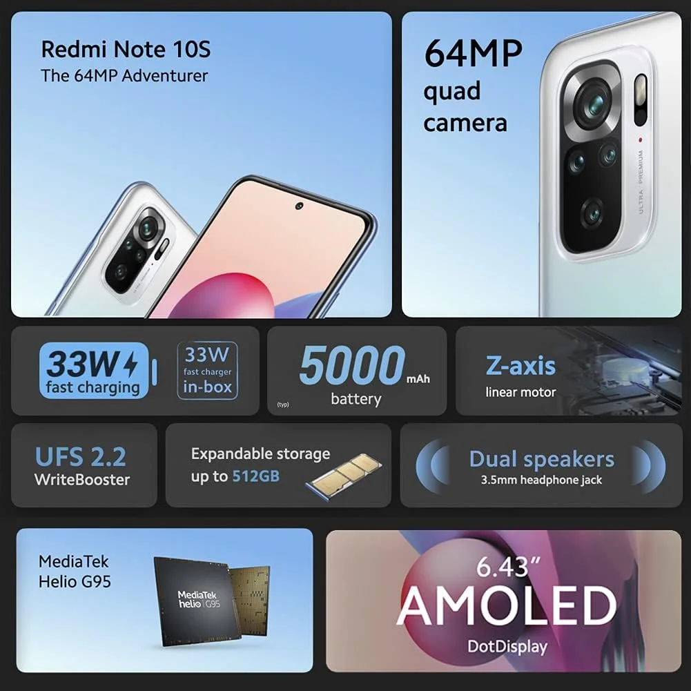 گوشی موبایل شیائومی Redmi Note 10S - حافظه 6GB+64GB، نمایشگر 6.43 اینچی AMOLED DotDisplay، پردازنده MediaTek Helio G95، دوربین چهارگانه 64 مگاپیکسلی، باتری 5000 میلی آمپر، سفید سنگریزه ای (نسخه انگلستان + 2 سال گارانتی شیائومی)