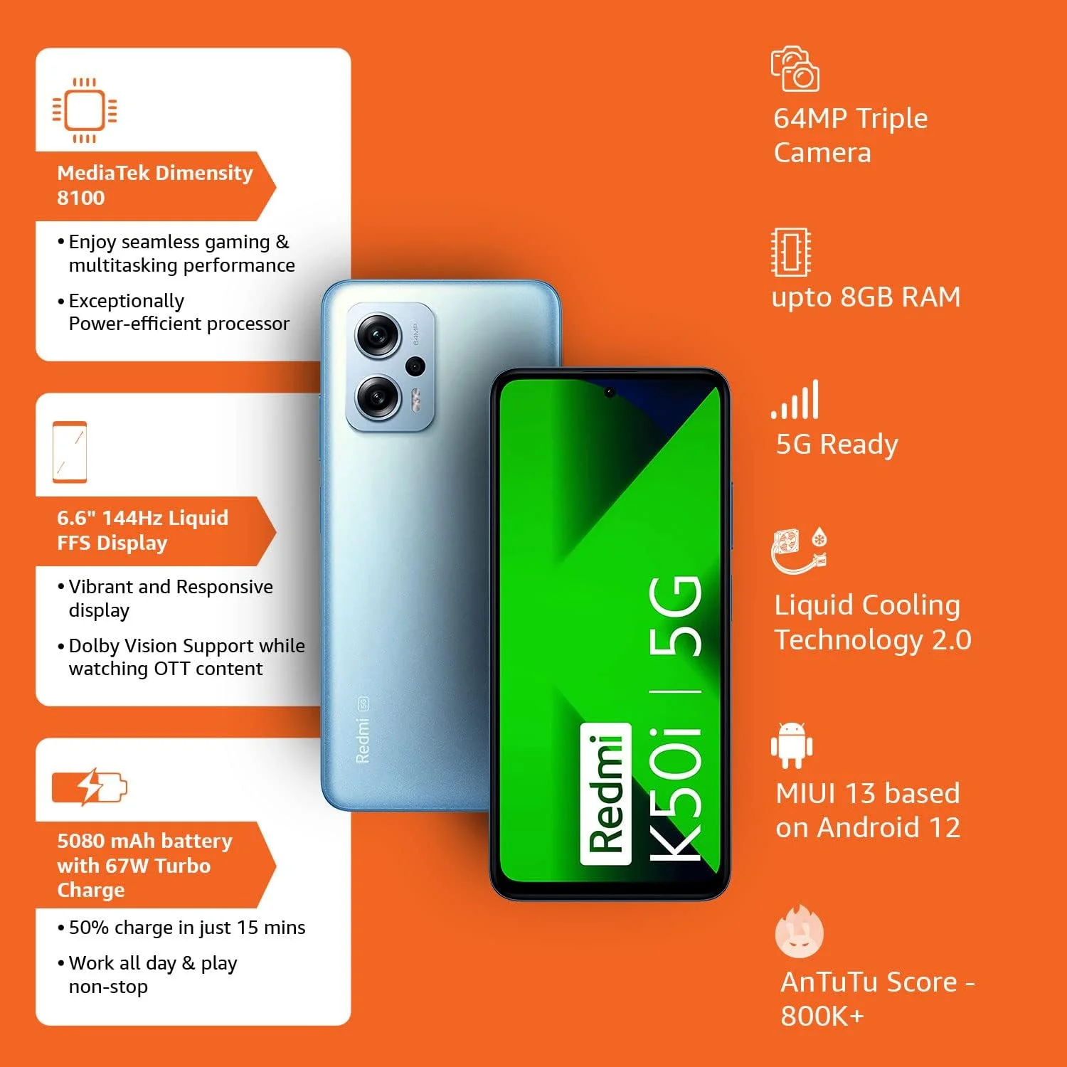 گوشی موبایل شیائومی Redmi K50i آبی فانتوم (6 گیگابایت رم، 128 گیگابایت حافظه داخلی) | پردازنده پرچمدار Mediatek Dimensity 8100 | نمایشگر 144 هرتز Liquid FFS