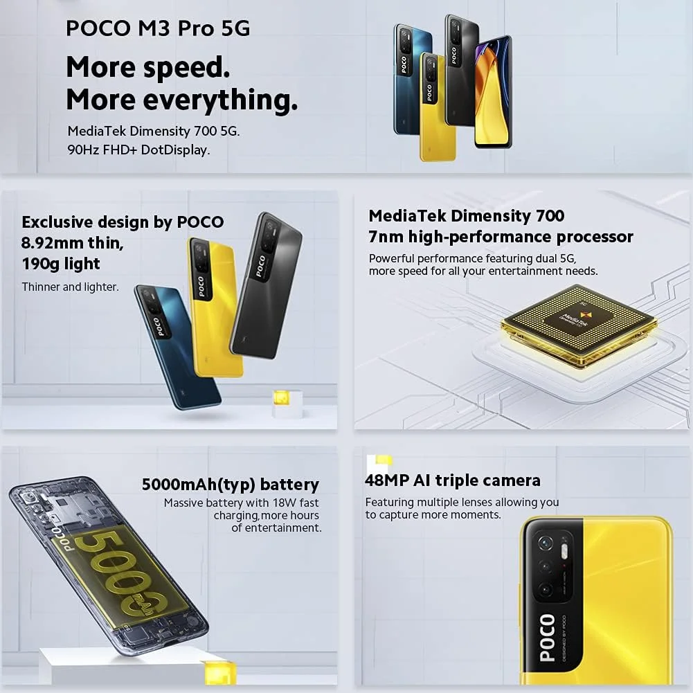 گوشی موبایل شیائومی POCO M3 Pro 5G - حافظه 128 گیگابایت + 6 گیگابایت رم، صفحه نمایش 6.5 اینچی FHD+ 90 هرتز DotDisplay، پردازنده MediaTek Dimensity 700 با 5G دوگانه، دوربین سه گانه 48 مگاپیکسلی AI، باتری 5000 میلی آمپر ساعتی، رنگ Power Black (نسخه انگلستان + 2 سال گارانتی)