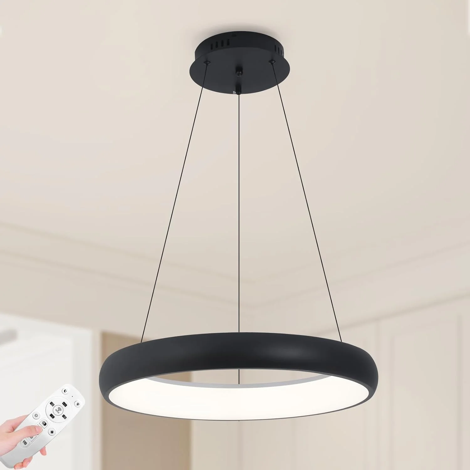 لوستر مدرن LED گرد مشکی YATAI، چراغ آویز مدرن 57 وات با ریموت، ارتفاع و روشنایی قابل تنظیم، چراغ سقفی دیمر پذیر برای اتاق خواب، اتاق غذاخوری و اتاق نشیمن، 50 سانتی متر