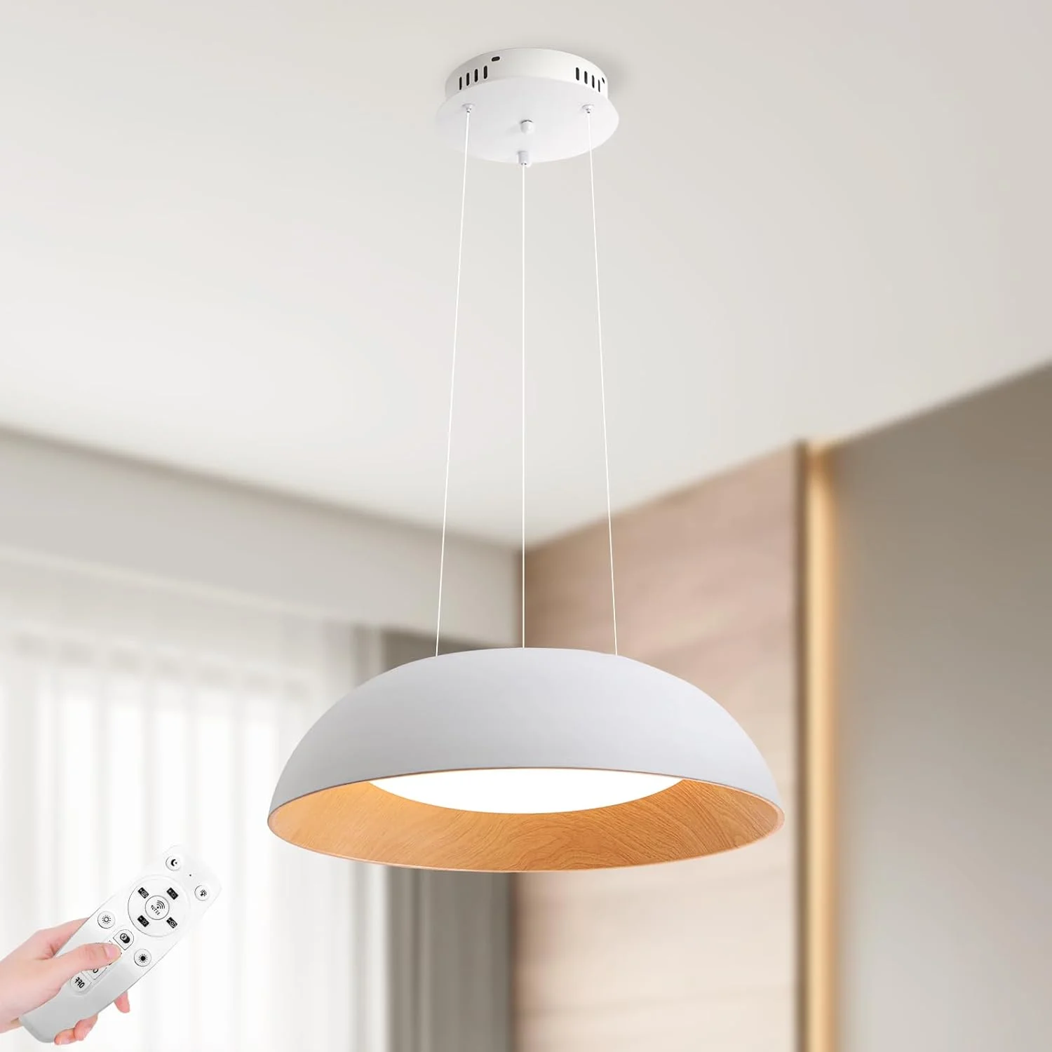 لوستر آویز LED گرد سفید و چوبی YATAI، نور 36 وات دیمرشدنی با ریموت، ارتفاع و رنگ قابل تنظیم (3000K–6000K)، چراغ سقفی مدرن مینیمالیستی برای خانه و مطالعه، 50 سانتی متر