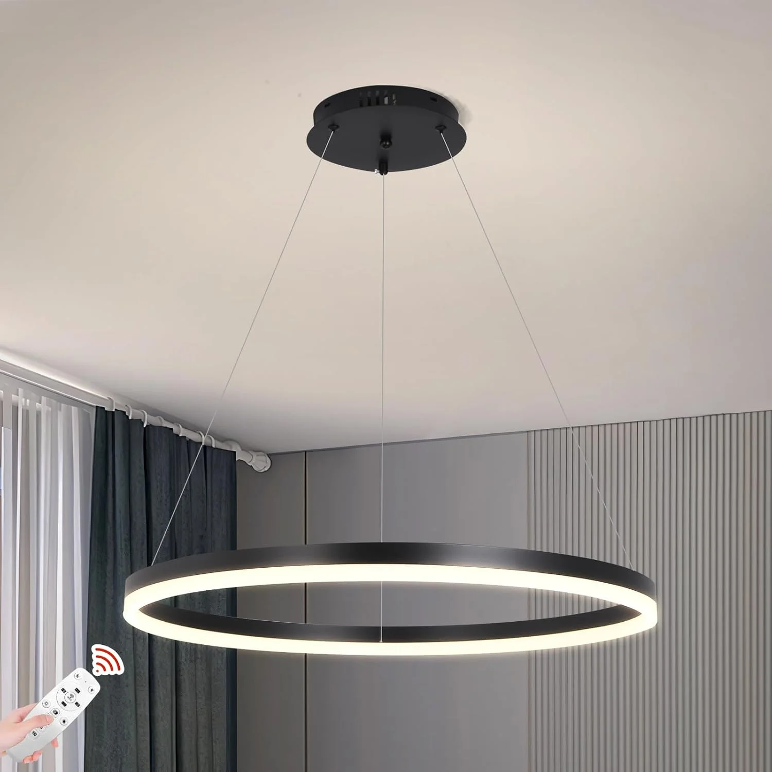 لوستر مدرن LED یاتای، تک حلقه ای مشکی، مناسب اتاق ناهارخوری، لوستر آکریلیک با ارتفاع قابل تنظیم، چراغ آویز مدرن LED، 34 وات، 3000K-6000K