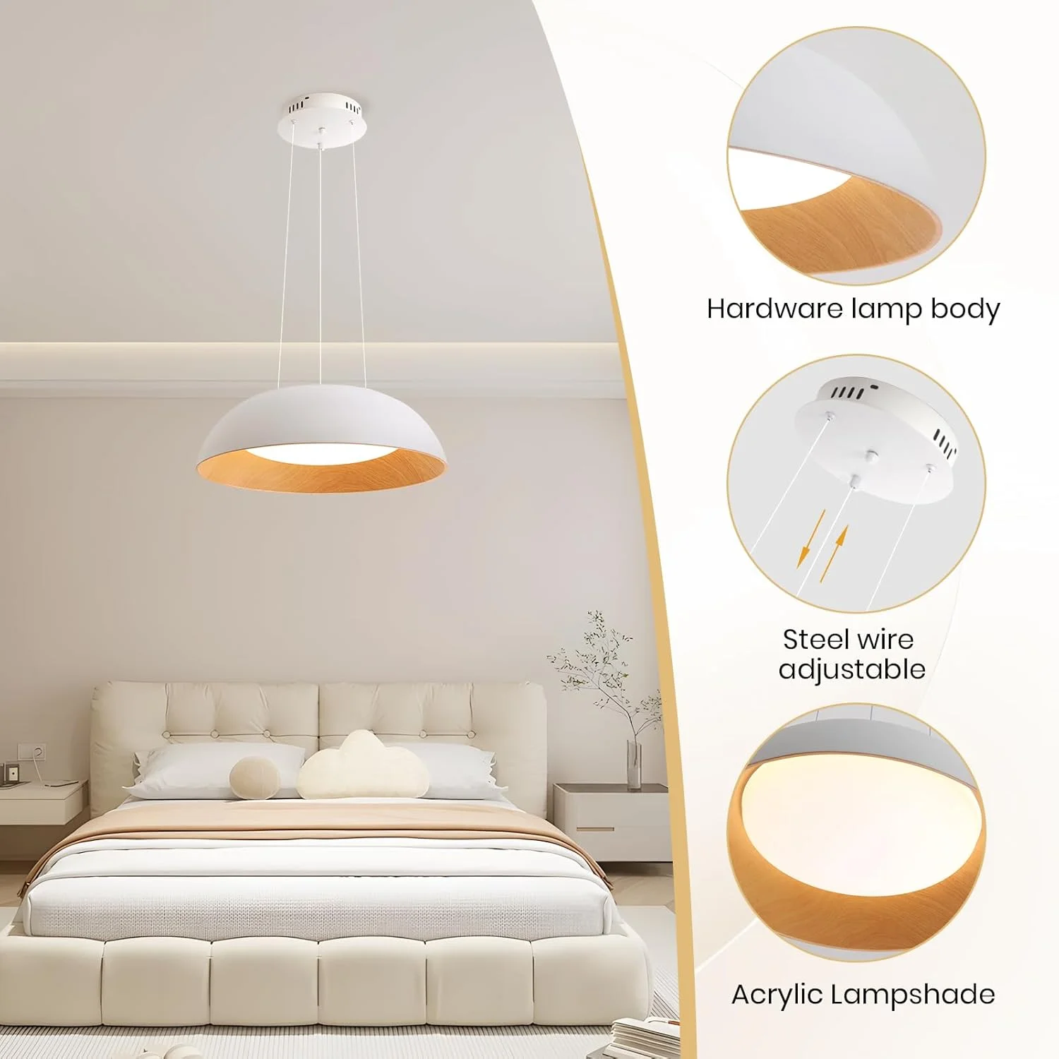 لوستر آویز LED گرد سفید و چوبی YATAI، نور 36 وات دیمرشدنی با ریموت، ارتفاع و رنگ قابل تنظیم (3000K–6000K)، چراغ سقفی مدرن مینیمالیستی برای خانه و مطالعه، 50 سانتی متر