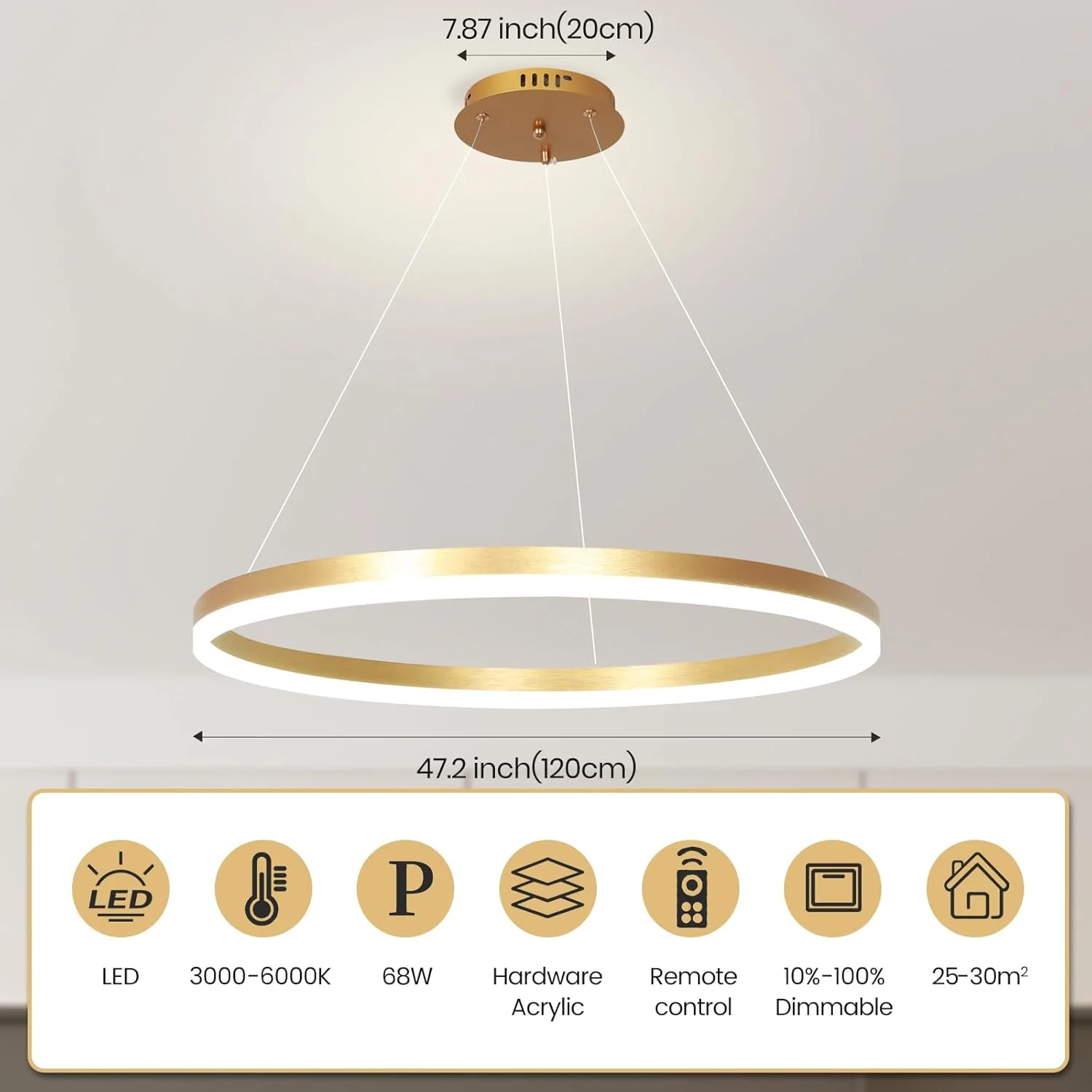 لوستر LED طلایی YATAI، چراغ آویز مدرن گرد 68 وات با قابلیت تنظیم نور از راه دور، ارتفاع قابل تنظیم، مناسب برای اتاق نشیمن، راه پله، لابی، دفتر کار، 15-20 متر مربع، 120 سانتی متر