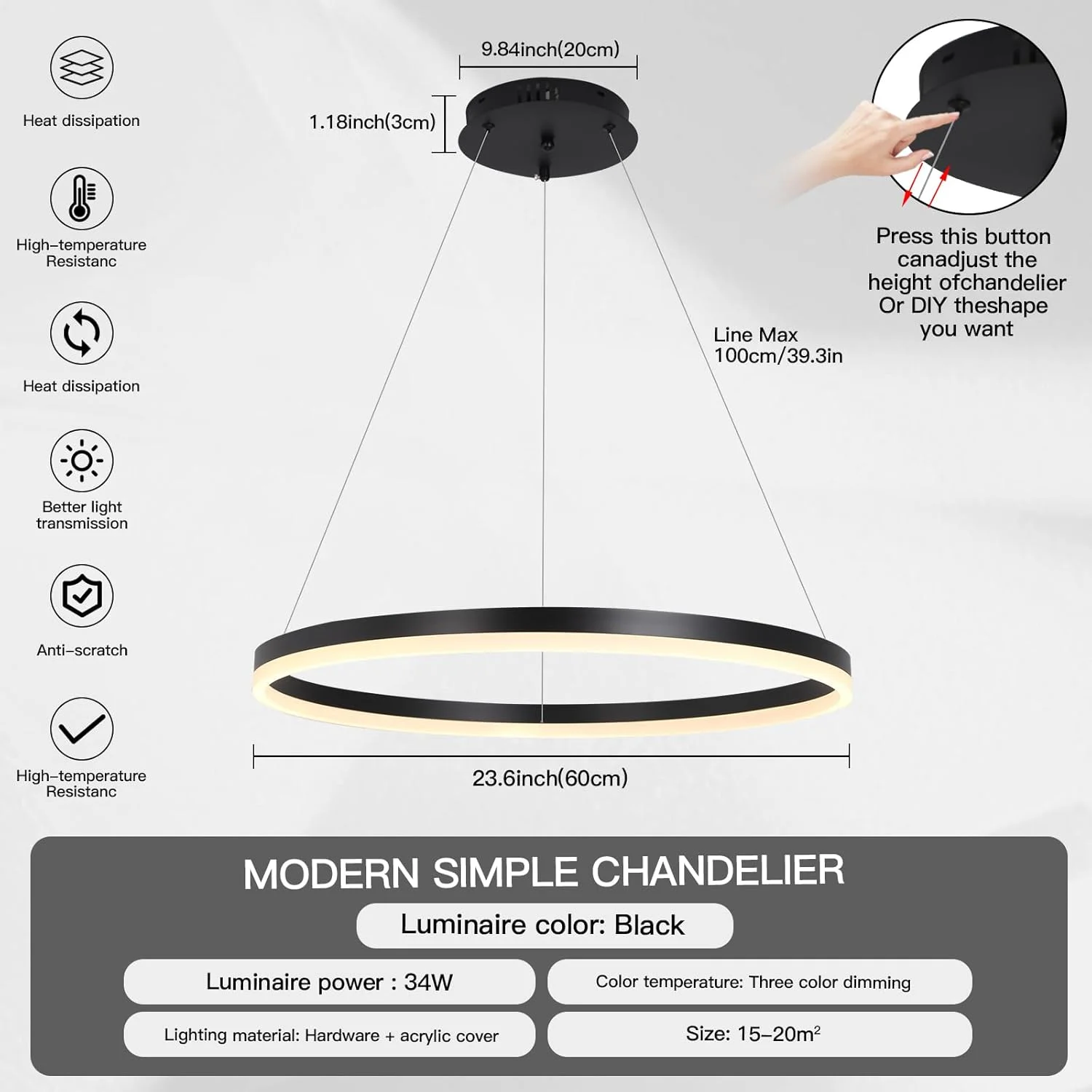 لوستر مدرن LED یاتای، تک حلقه ای مشکی، مناسب اتاق ناهارخوری، لوستر آکریلیک با ارتفاع قابل تنظیم، چراغ آویز مدرن LED، 34 وات، 3000K-6000K لوستر مدرن LED یاتای، تک حلقه ای مشکی، مناسب اتاق ناهارخوری، لوستر آکریلیک با ارتفاع قابل تنظیم، چراغ آویز مدرن LED، 34 وات، 3000K-6000K