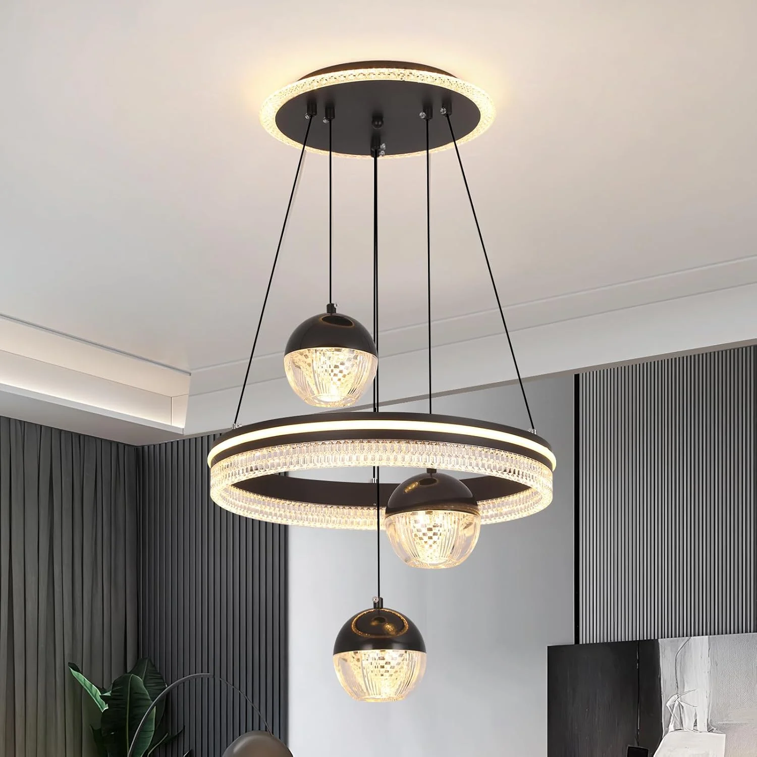 چراغ آویز 3 شاخه YT YATAI LIGHTING برای میز ناهارخوری، چراغ آویز مدرن LED مشکی سه شکل گرد برای میز جزیره آشپزخانه، لوستر با قابلیت تنظیم دمای رنگ و ارتفاع