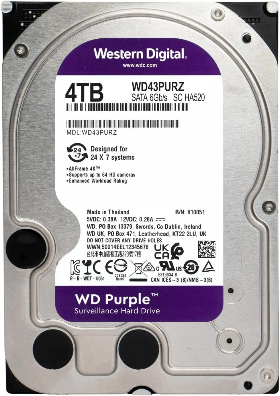 هارد دیسک داخلی 4 ترابایتی وسترن دیجیتال WD Purple مخصوص نظارت تصویری - SATA 6 Gb/s، 256 مگابایت کش، 3.5 اینچ - WD43PURZ
