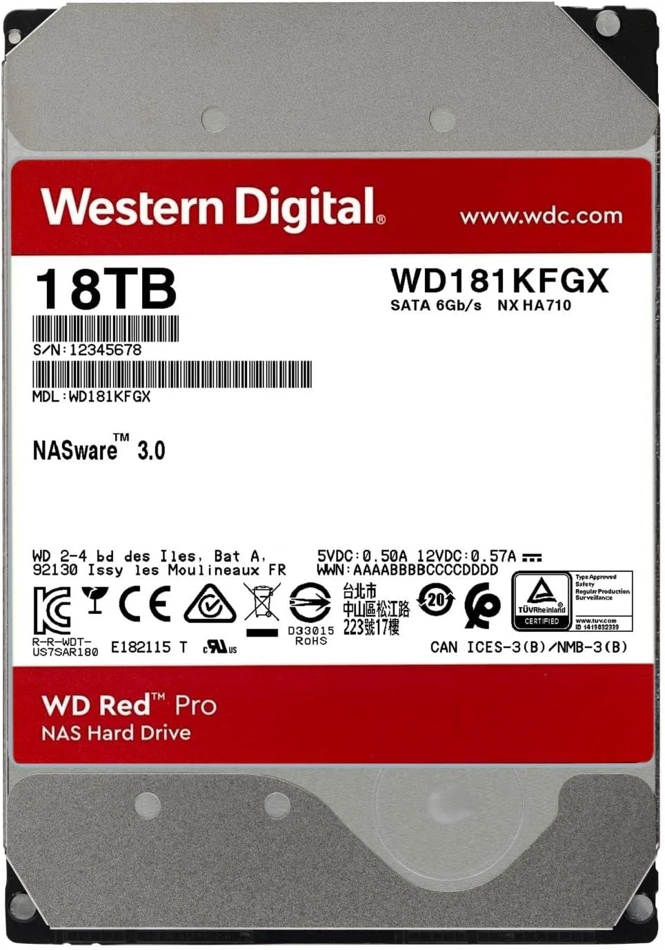 هارد دیسک داخلی وسترن دیجیتال 18 ترابایت WD Red Pro NAS - 7200 دور در دقیقه، SATA 6 گیگابیت بر ثانیه، CMR، 256 مگابایت حافظه کش، 3.5 اینچ - WD181KFGX
