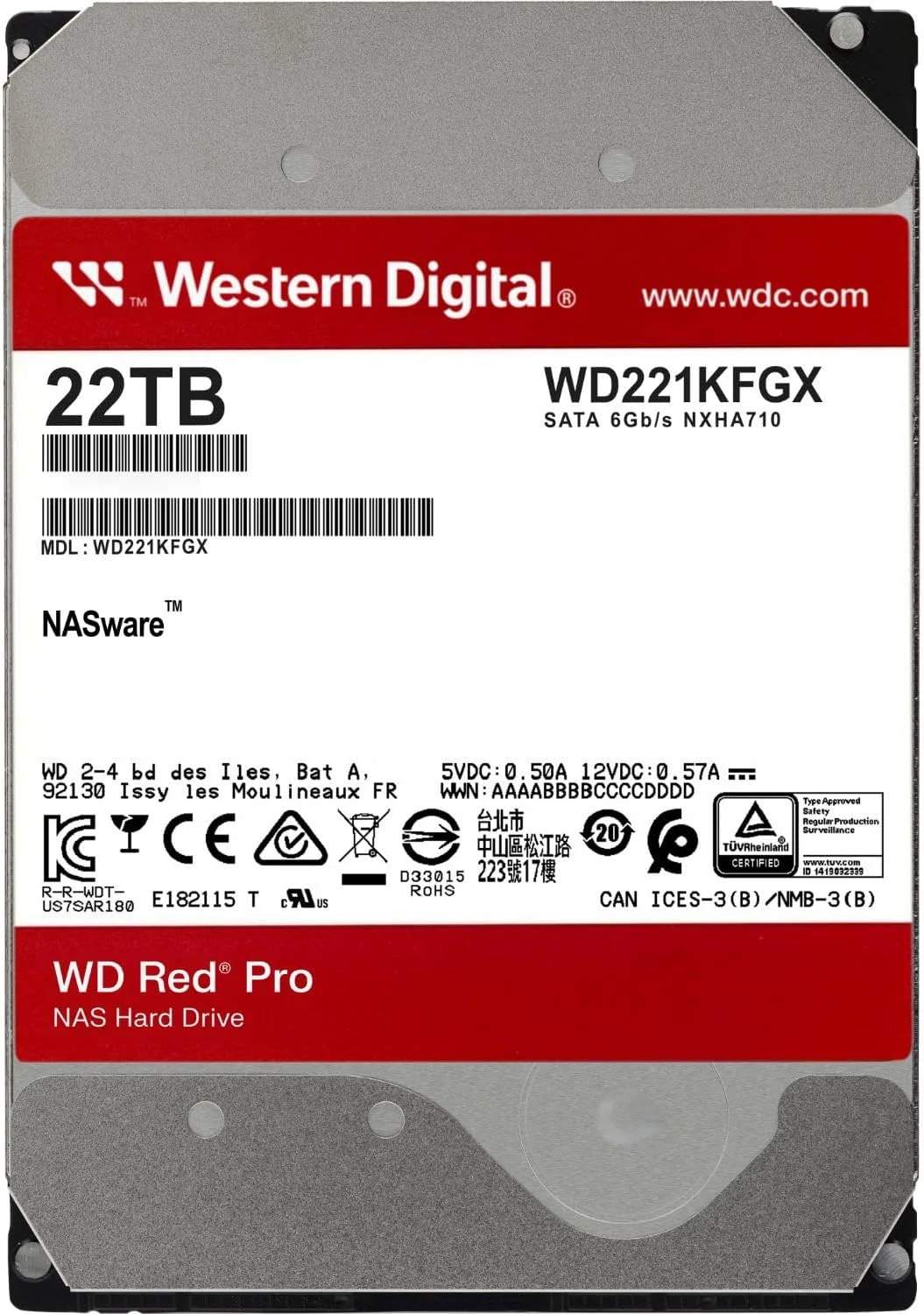 هارد دیسک داخلی وسترن دیجیتال 22 ترابایت WD Red Pro NAS - 7200 دور در دقیقه، SATA 6 گیگابیت بر ثانیه، CMR، 512 مگابایت کش، 3.5 اینچ - WD221KFGX