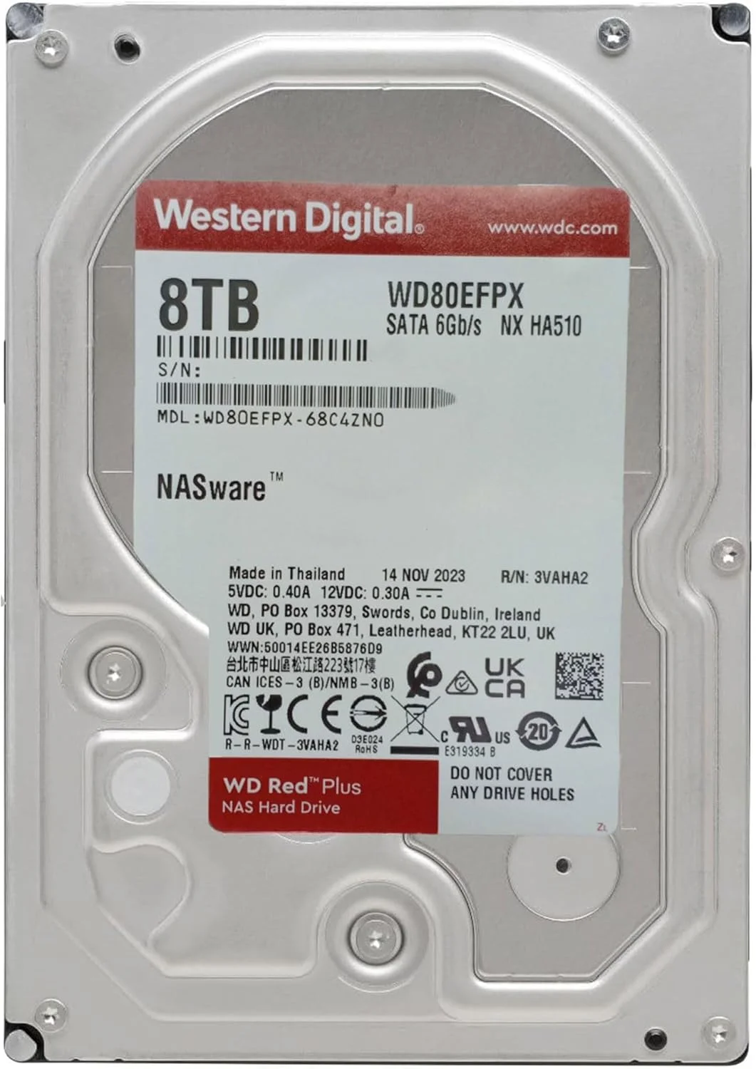 هارد دیسک داخلی وسترن دیجیتال WD Red Plus با ظرفیت 8 ترابایت CMR، سایز 3.5 اینچ، اتصال SATA، سرعت 5640 دور در دقیقه، حافظه کش 256 مگابایت، مدل NAS WD80EFPX-AJP، بسته بندی Eco