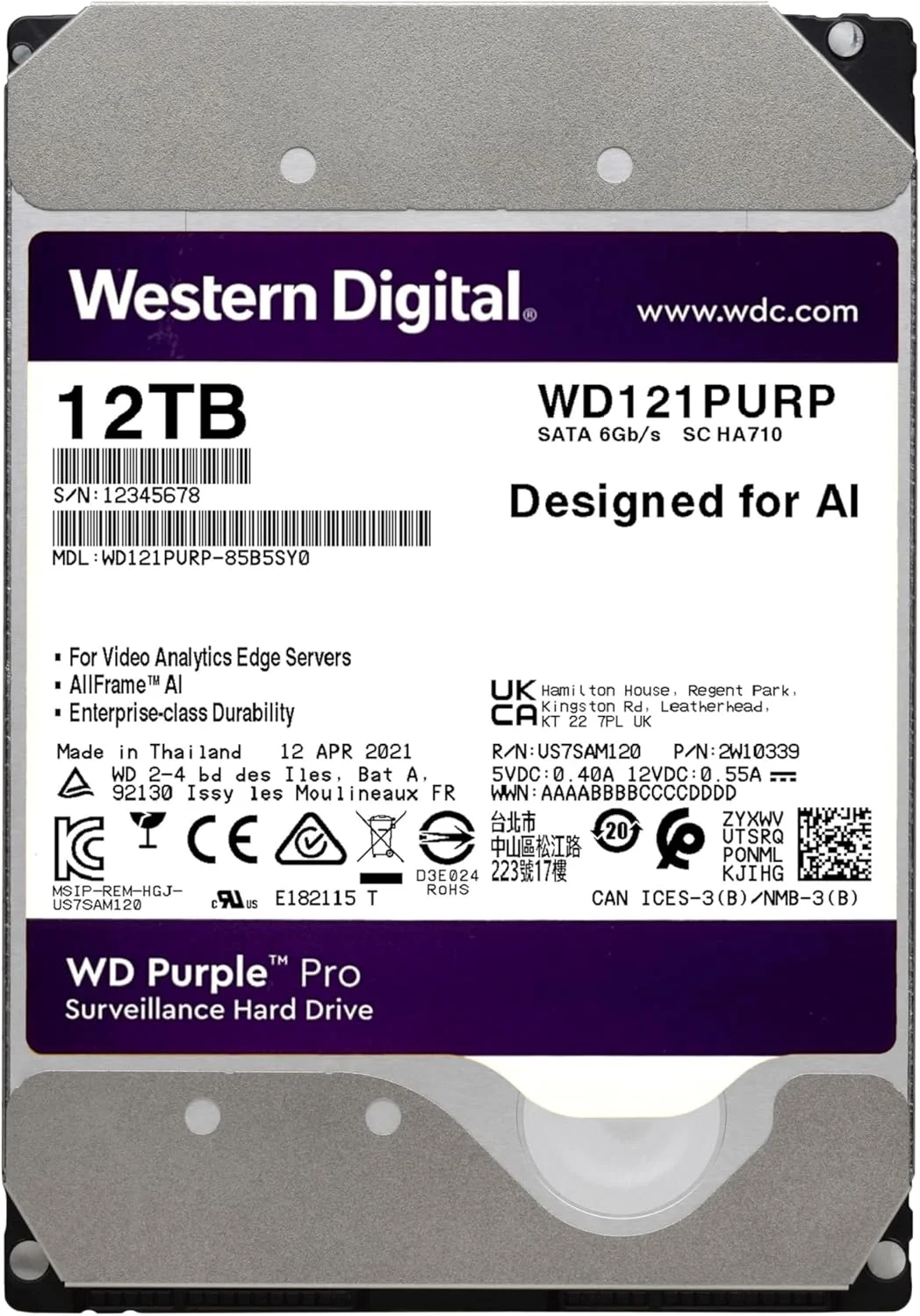 هارد دیسک داخلی 12 ترابایتی وسترن دیجیتال WD Purple Pro Surveillance HDD - SATA 6 Gb/s، 256 مگابایت کش، 3.5 اینچ - WD121PURP