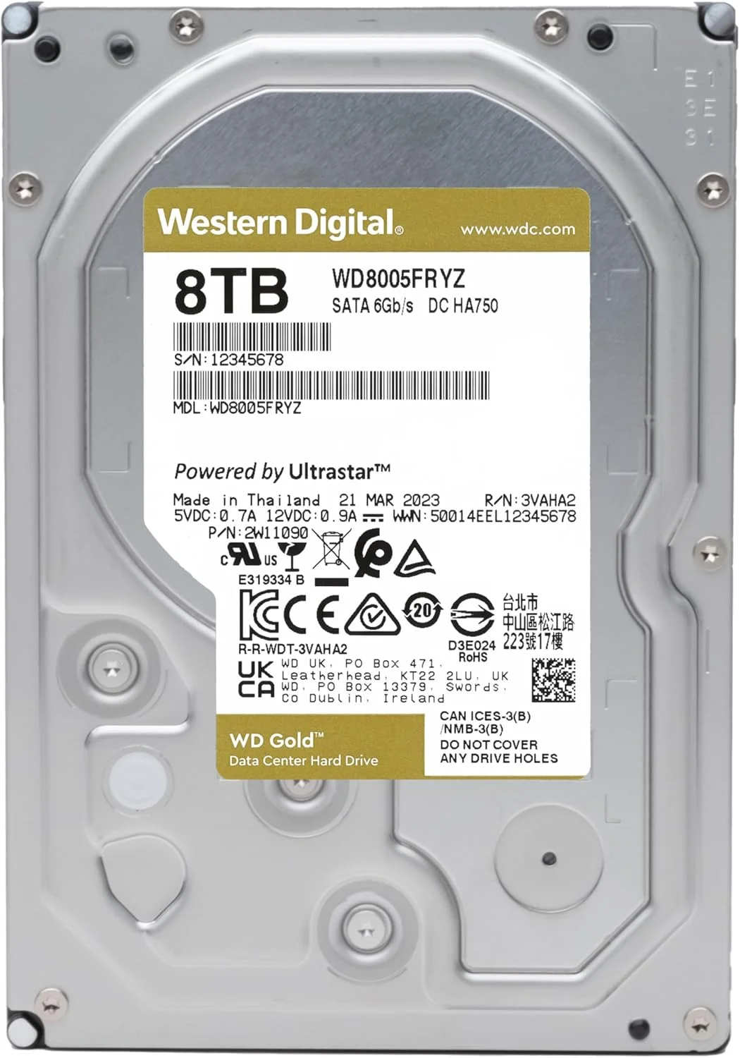 هارد دیسک داخلی 8 ترابایتی وسترن دیجیتال WD Gold Enterprise Class - کلاس 7200 دور در دقیقه، SATA 6 گیگابیت بر ثانیه، 256 مگابایت کش، 3.5 اینچ - WD8005FRYZ