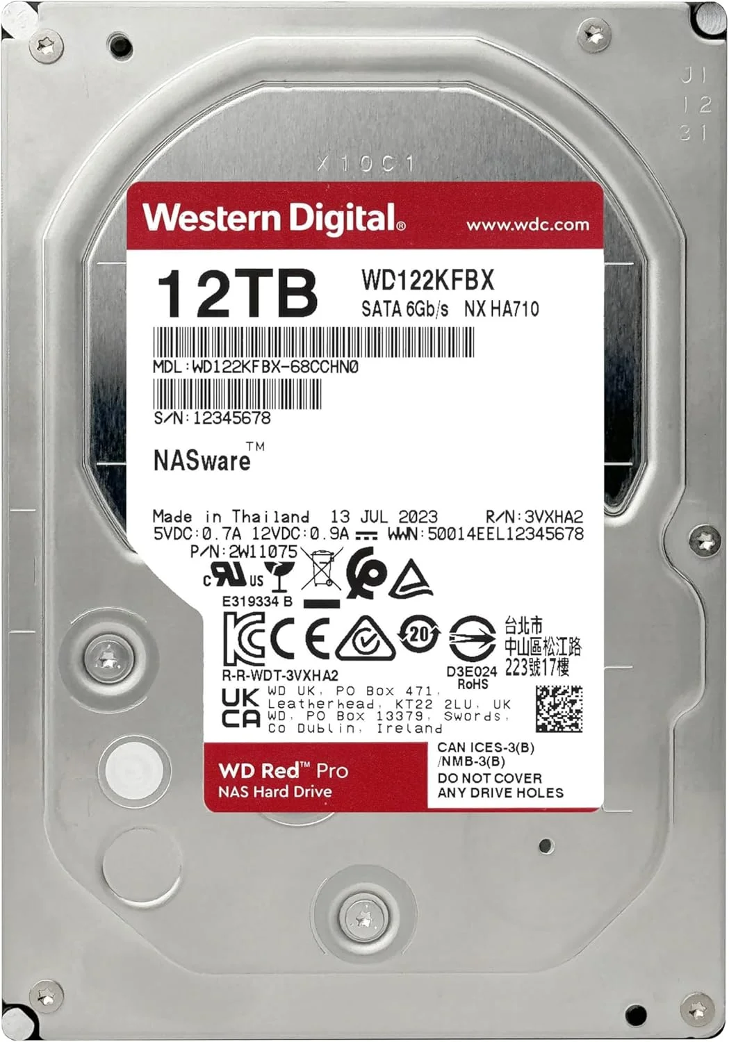 هارد دیسک داخلی وسترن دیجیتال 12 ترابایت WD Red Pro NAS - 7200 دور در دقیقه، SATA 6 گیگابیت بر ثانیه، CMR، 512 مگابایت کش، 3.5 اینچ - WD122KFBX