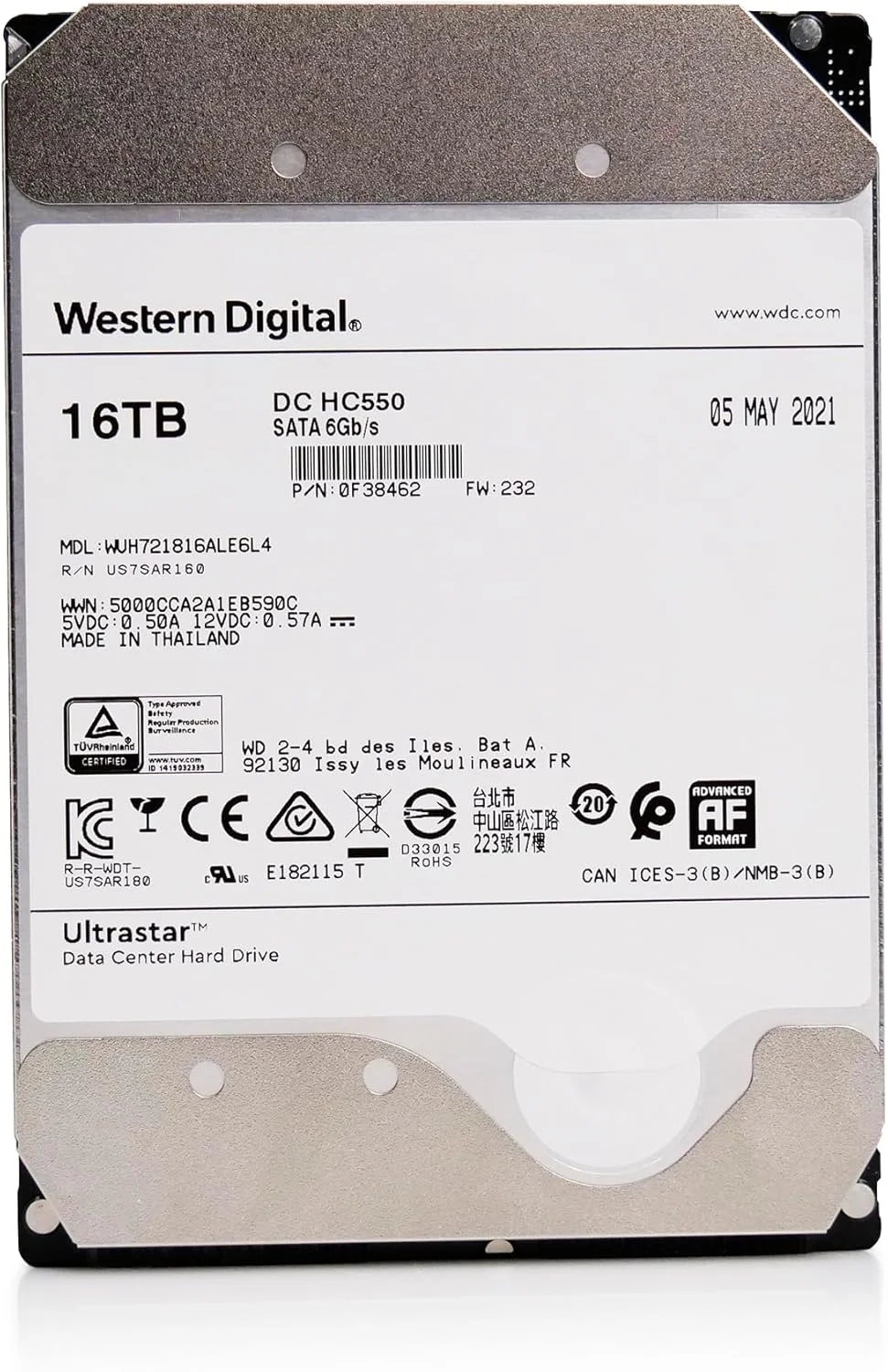 هارد دیسک داخلی 16 ترابایتی وسترن دیجیتال WD Ultrastar DC HC550 Data Center 3.5 اینچی مدل WUH721816ALE6L4 (بازسازی شده)