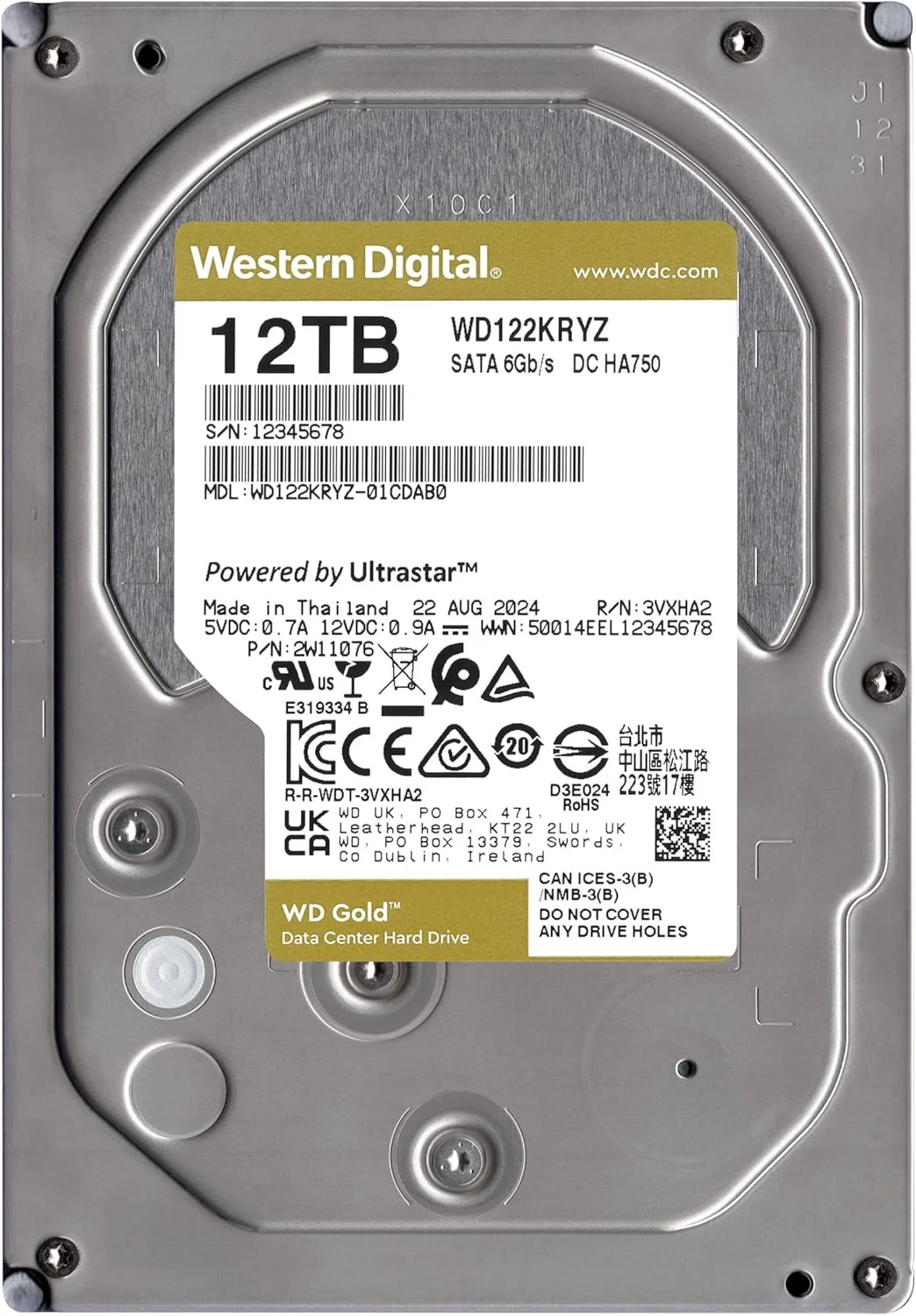 هارد دیسک داخلی وسترن دیجیتال - WD Gold 12TB Enterprise-Class - کلاس 7200 دور در دقیقه، SATA 6 GB/s، حافظه کش 512 مگابایت، 3.5 اینچ - WD122KRYZ