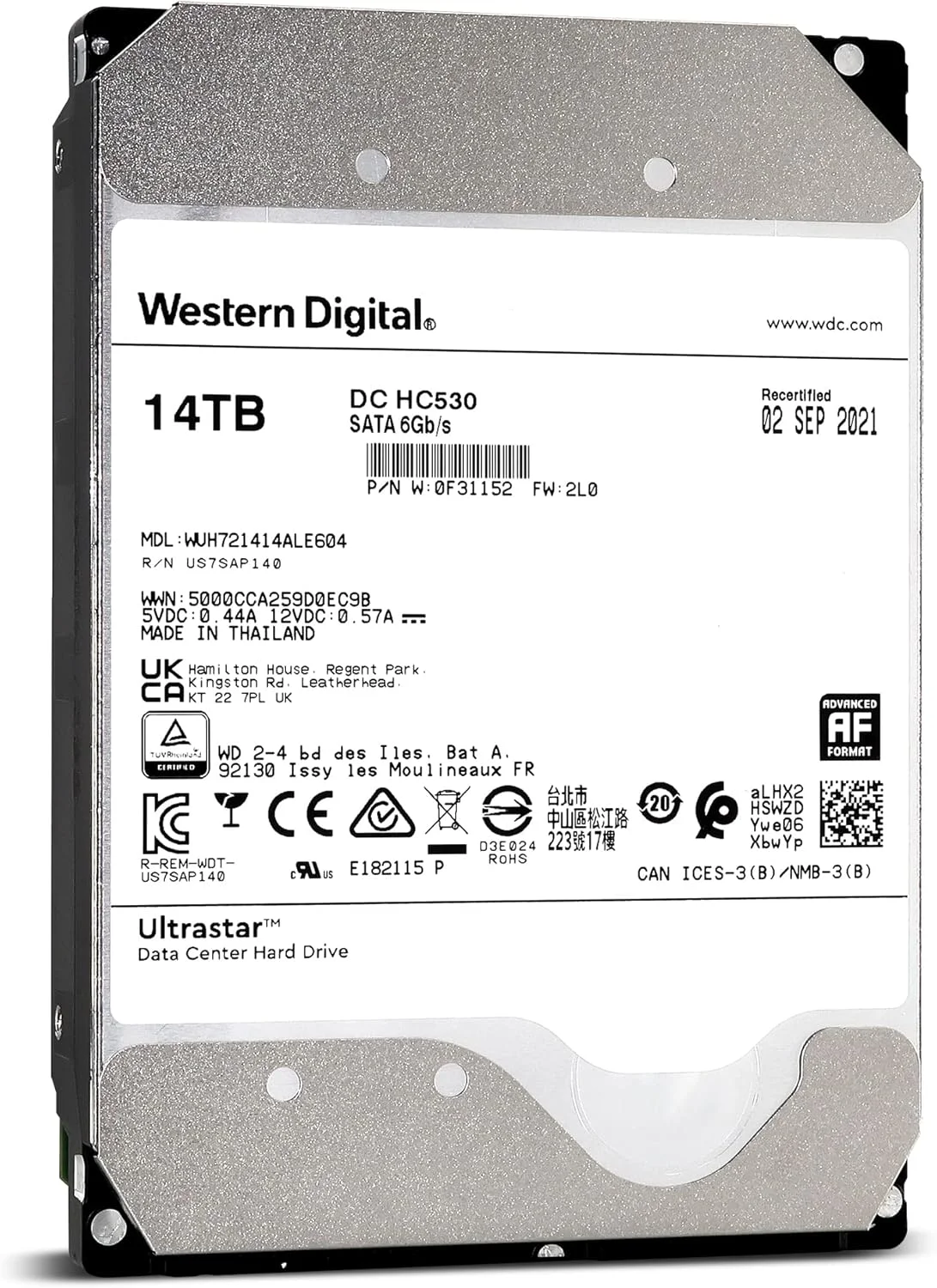 هارد دیسک وسترن دیجیتال 14 ترابایت Ultrastar DC HC530 SATA - کلاس 7200 دور در دقیقه، SATA 6Gb/s، 512 مگابایت کش، 3.5 اینچ - WUH7214ALE604 OEM (بازسازی شده)