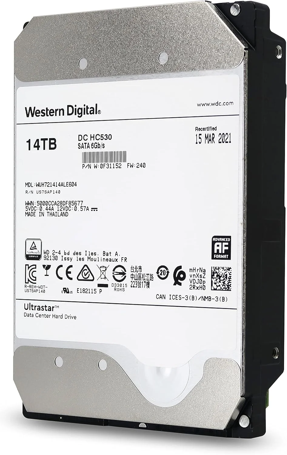 هارد دیسک وسترن دیجیتال 14 ترابایت Ultrastar DC HC530 SATA - کلاس 7200 دور در دقیقه، SATA 6Gb/s، 512 مگابایت کش، 3.5 اینچ - WUH7214ALE604 OEM (بازسازی شده)