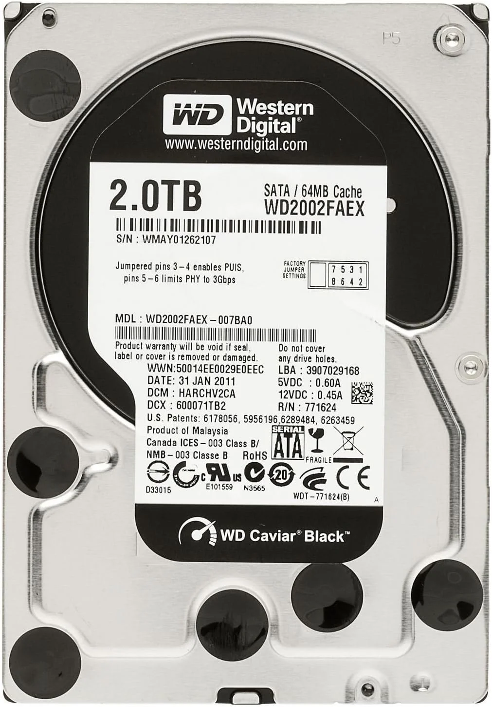 هارد دیسک داخلی دسکتاپ وسترن دیجیتال Caviar Black 2 ترابایت SATA III 7200 RPM 64 مگابایت کش Bulk/OEM - WD2002FAEX (بازسازی شده)