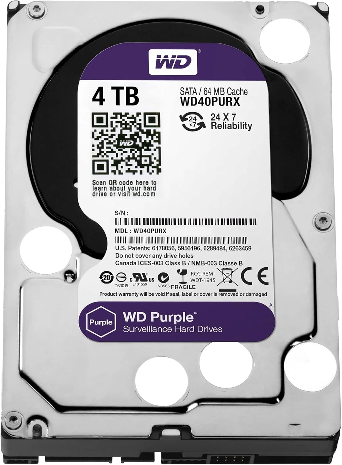 هارد دیسک نظارتی وسترن دیجیتال WD Purple با ظرفیت 4 ترابایت - کلاس 5400 دور در دقیقه SATA 6 گیگابیت بر ثانیه 64 مگابایت کش 3.5 اینچ - WD40PURX [نسخه قدیمی]