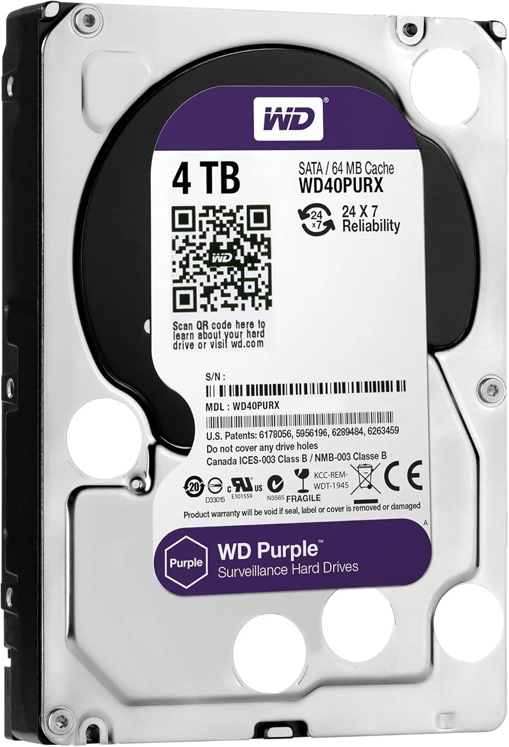 هارد دیسک نظارتی وسترن دیجیتال WD Purple با ظرفیت 4 ترابایت - کلاس 5400 دور در دقیقه SATA 6 گیگابیت بر ثانیه 64 مگابایت کش 3.5 اینچ - WD40PURX [نسخه قدیمی]