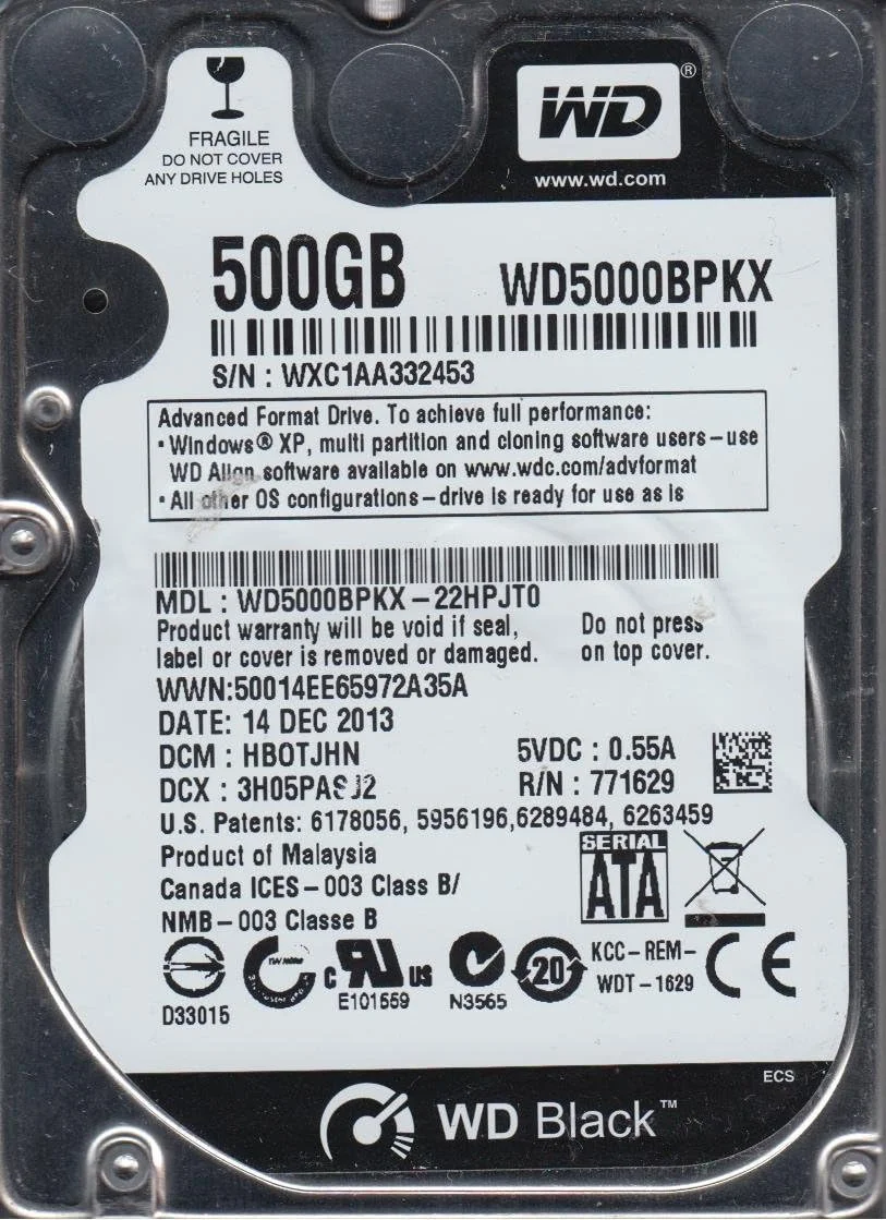 هارد دیسک وسترن دیجیتال WD5000BPKX-22HPJT0، DCM HBOTJHN، 500 گیگابایت SATA 2.5