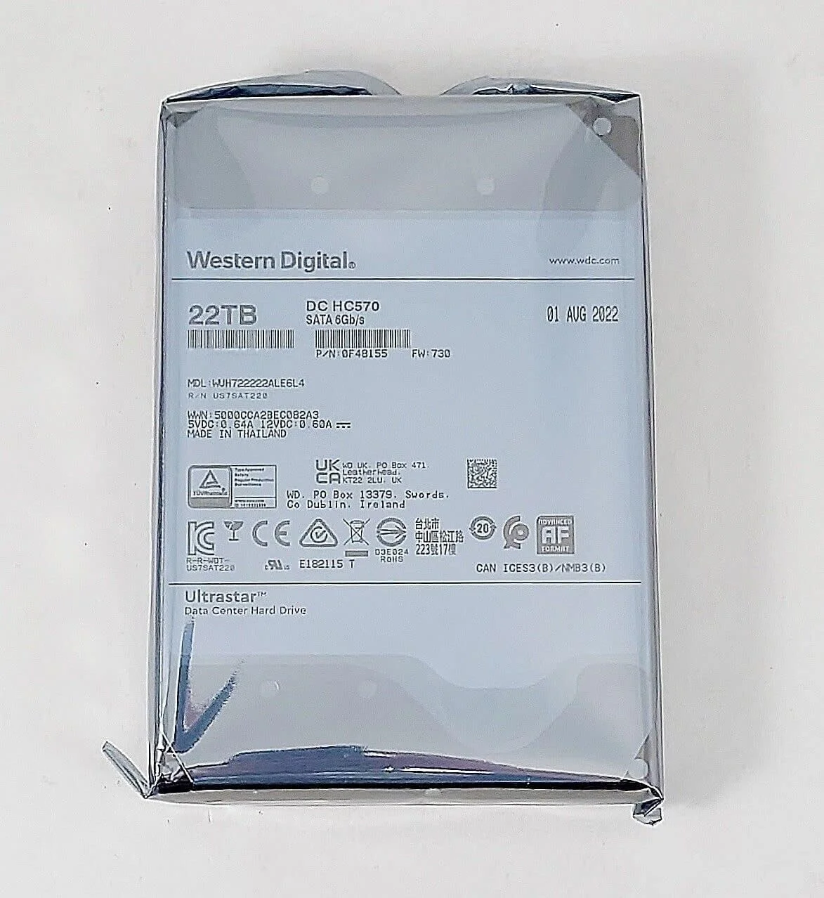 هارد دیسک Western Digital WD Ultrastar HC570 WUH722222ALE6L4 با ظرفیت 22 ترابایت، سرعت 7200 دور در دقیقه، سایز 3.5 اینچ، مناسب برای کامپیوترهای رومیزی، مدل 0F48155