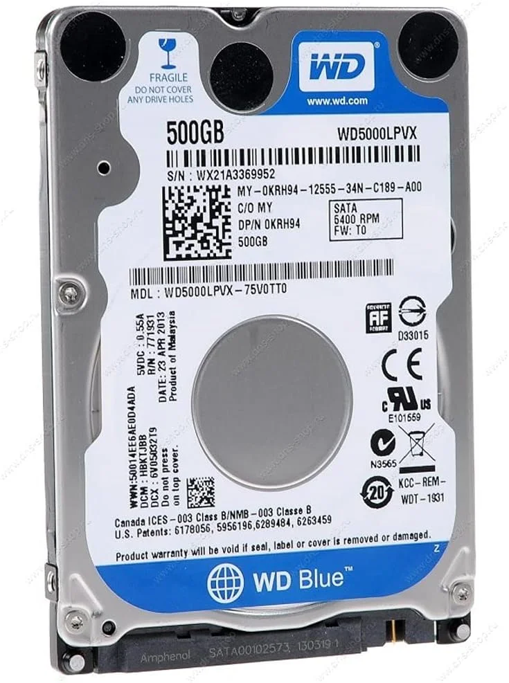 هارد دیسک موبایل 500 گیگابایتی وسترن دیجیتال آبی مدل WD5000LPVX با سرعت 5400 دور در دقیقه (بسته بندی بدون دردسر)