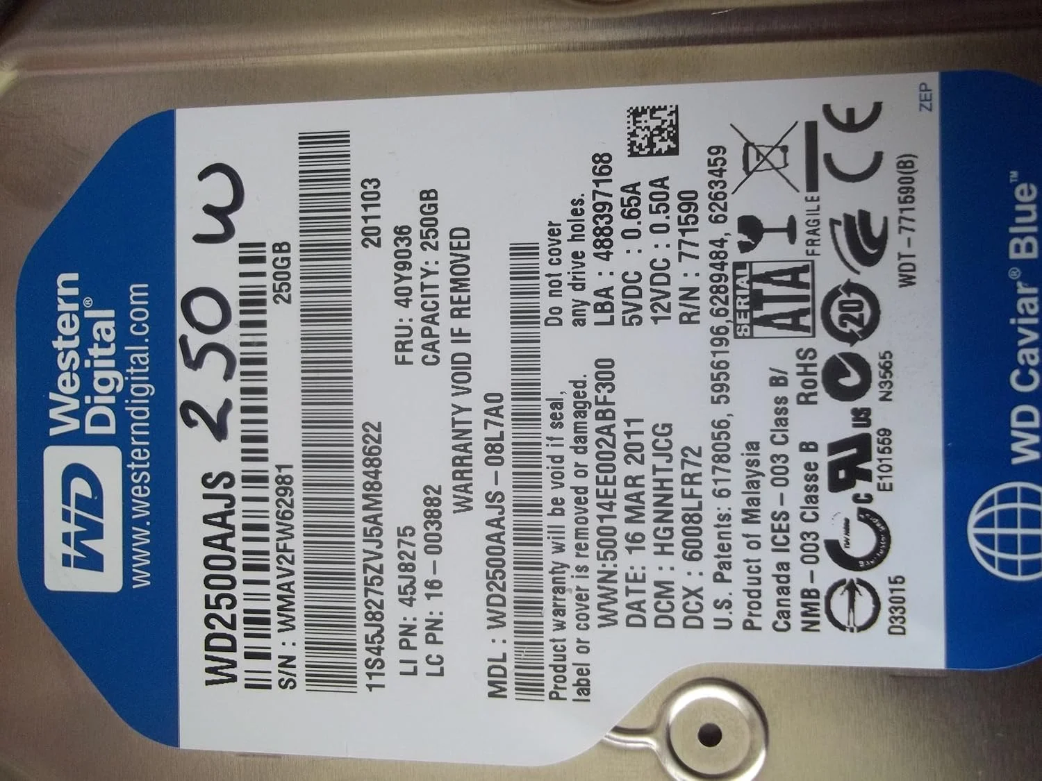 هارد دیسک وسترن دیجیتال مدل WD2500AAJS با ظرفیت 250 گیگابایت سری Caviar Blue