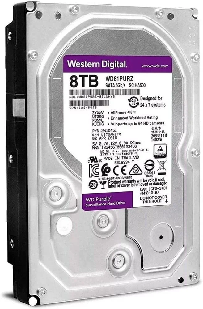 هارد دیسک داخلی 8 ترابایتی بنفش وسترن دیجیتال مدل WD81PURZ با سرعت 5400 دور در دقیقه، 256 مگابایت حافظه کش و رابط SATA 6.0Gb/s سایز 3.5 اینچ