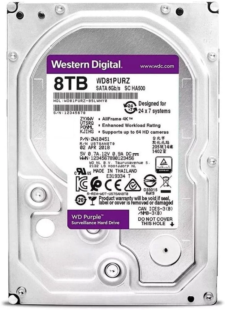 هارد دیسک داخلی 8 ترابایتی بنفش وسترن دیجیتال مدل WD81PURZ با سرعت 5400 دور در دقیقه، 256 مگابایت حافظه کش و رابط SATA 6.0Gb/s سایز 3.5 اینچ
