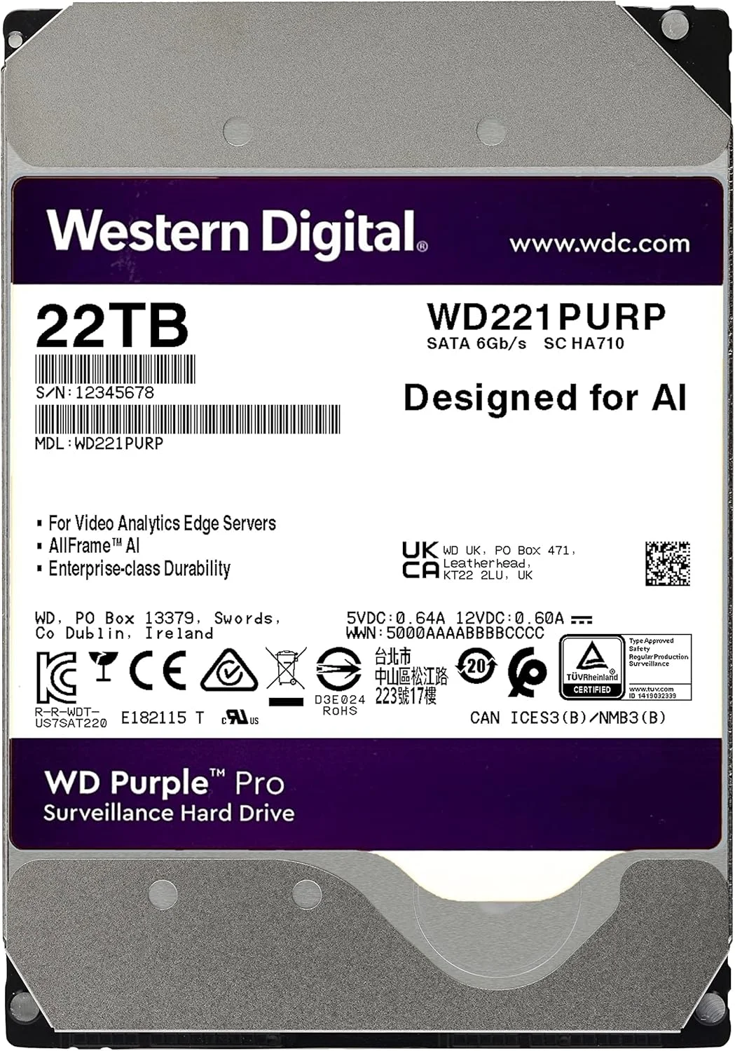 هارد دیسک داخلی 22 ترابایتی وسترن دیجیتال WD Purple Pro Surveillance HDD - SATA 6 Gb/s، 512 مگابایت کش، 3.5 اینچ - WD221PURP هارد دیسک داخلی 22 ترابایتی وسترن دیجیتال WD Purple Pro Surveillance HDD - SATA 6 Gb/s، 512 مگابایت کش، 3.5 اینچ - WD221PURP
